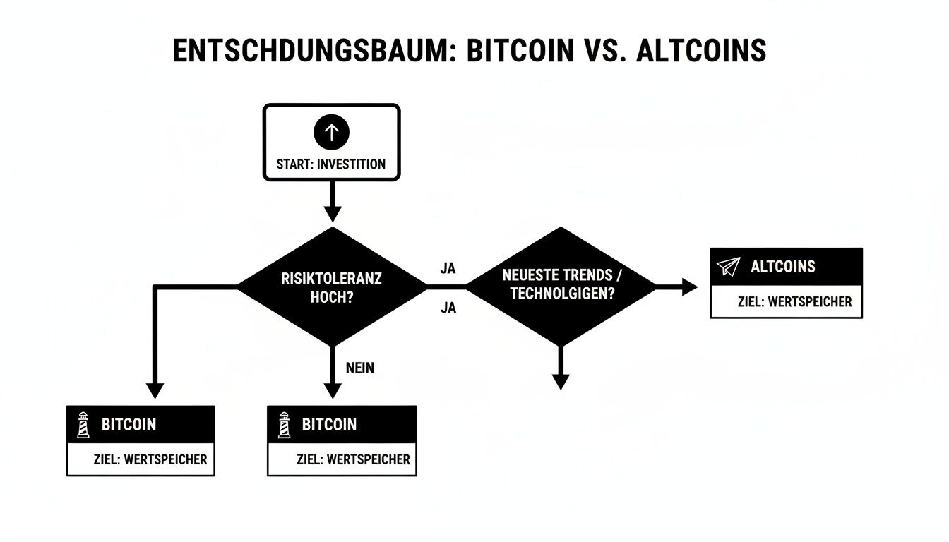 Flussdiagramm zum Entscheidungsbaum für Krypto-Investitionen: Bitcoin versus Altcoins, basierend auf Risikotoleranz und Technologietrends zur Wertspeicherung.