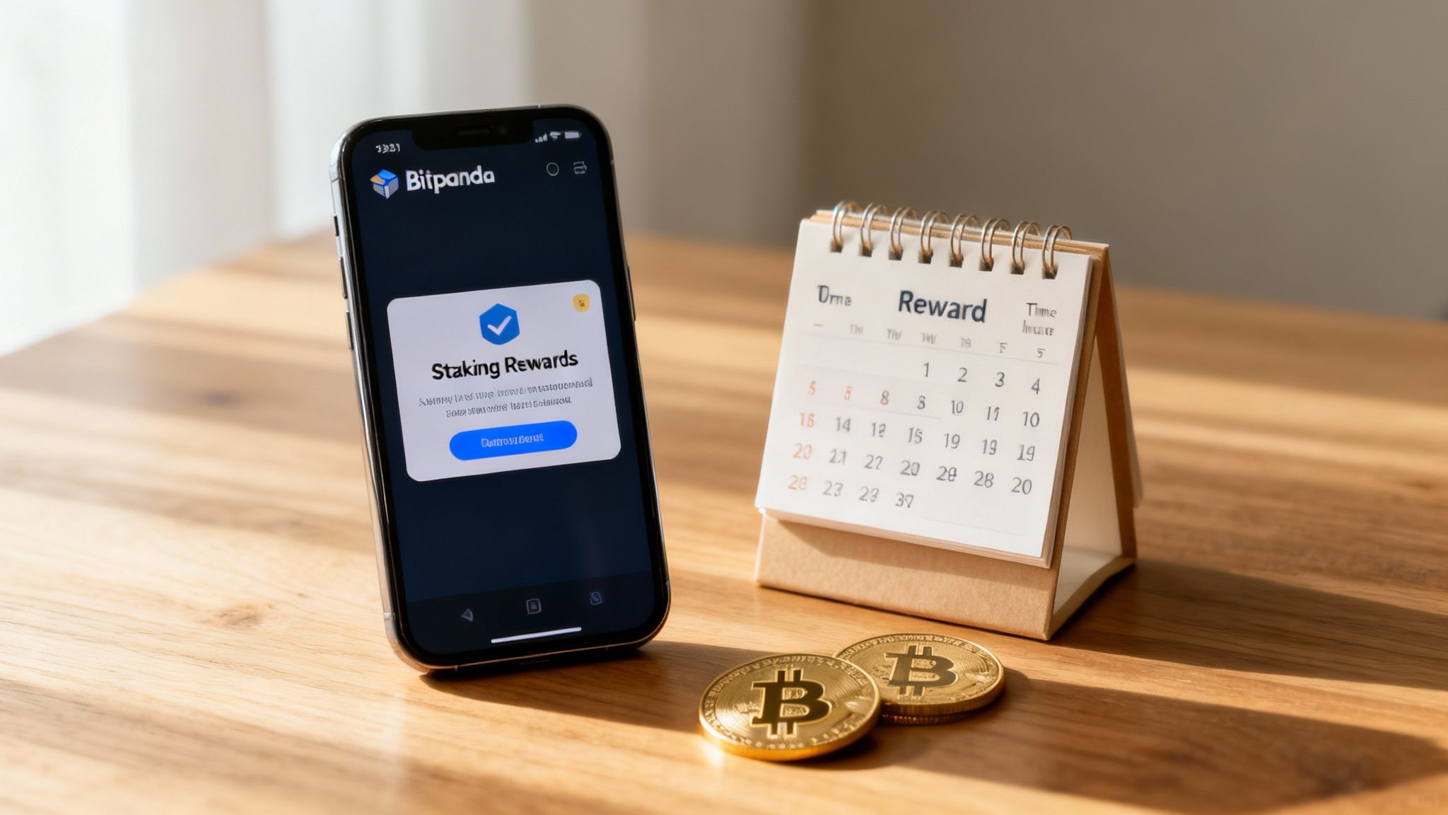 Ein Smartphone mit Bitpanda-App zeigt Staking-Prämien neben einem Kalender und Bitcoin-Münzen.