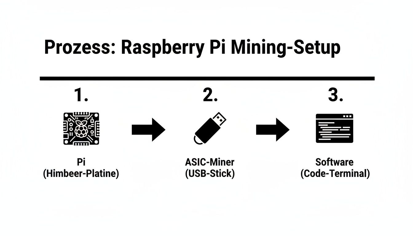 Infografik zum Raspberry Pi Mining-Setup: Pi, ASIC-Miner (USB-Stick), Software (Code-Terminal).