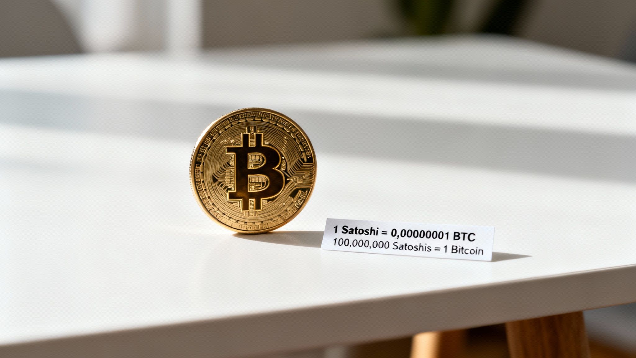 Goldene Bitcoin-Münze und Informationstafel über Satoshis und Bitcoin auf einem weißen Tisch.