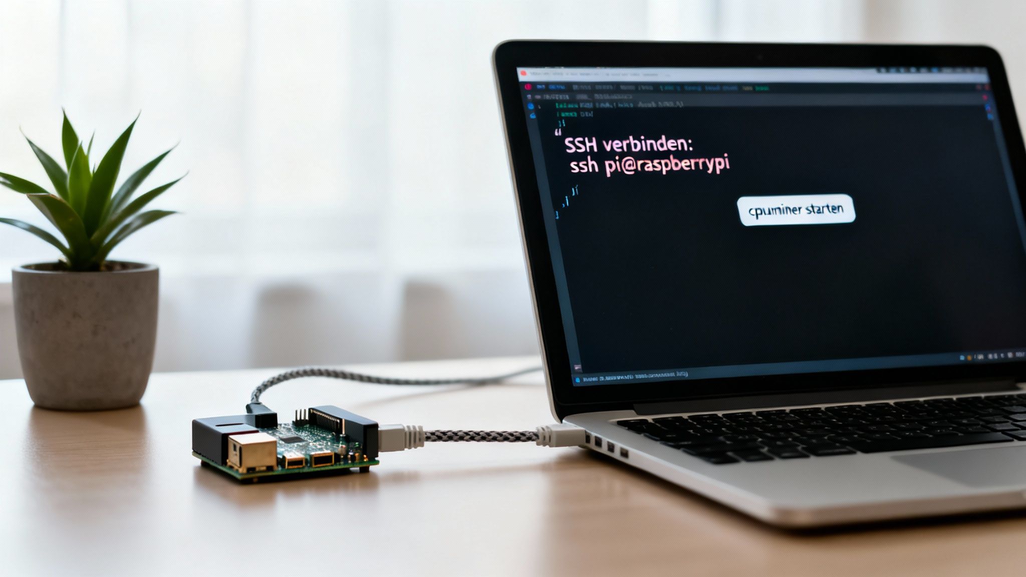 Laptop-Bildschirm zeigt SSH-Verbindung zu Raspberry Pi für CPUMining-Startbefehl mit Pflanze im Hintergrund.