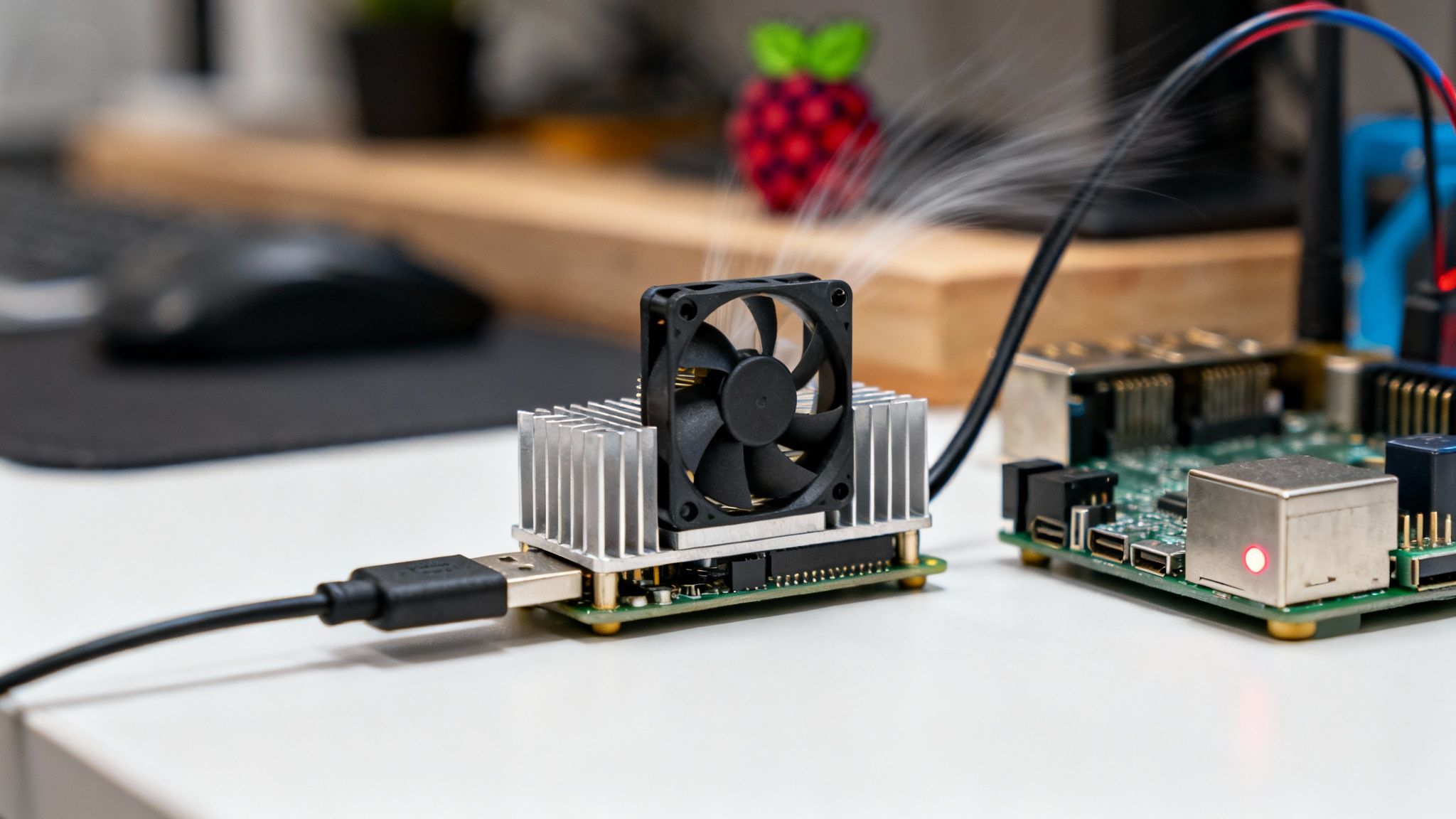 Zwei Raspberry Pi-Platinen auf einem Schreibtisch. Eine Platine hat einen Lüfter und Kühlkörper, die andere zeigt rote LEDs.