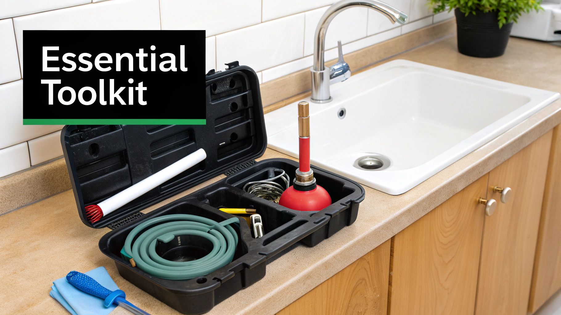 A person using a drain snake to unblock a sink