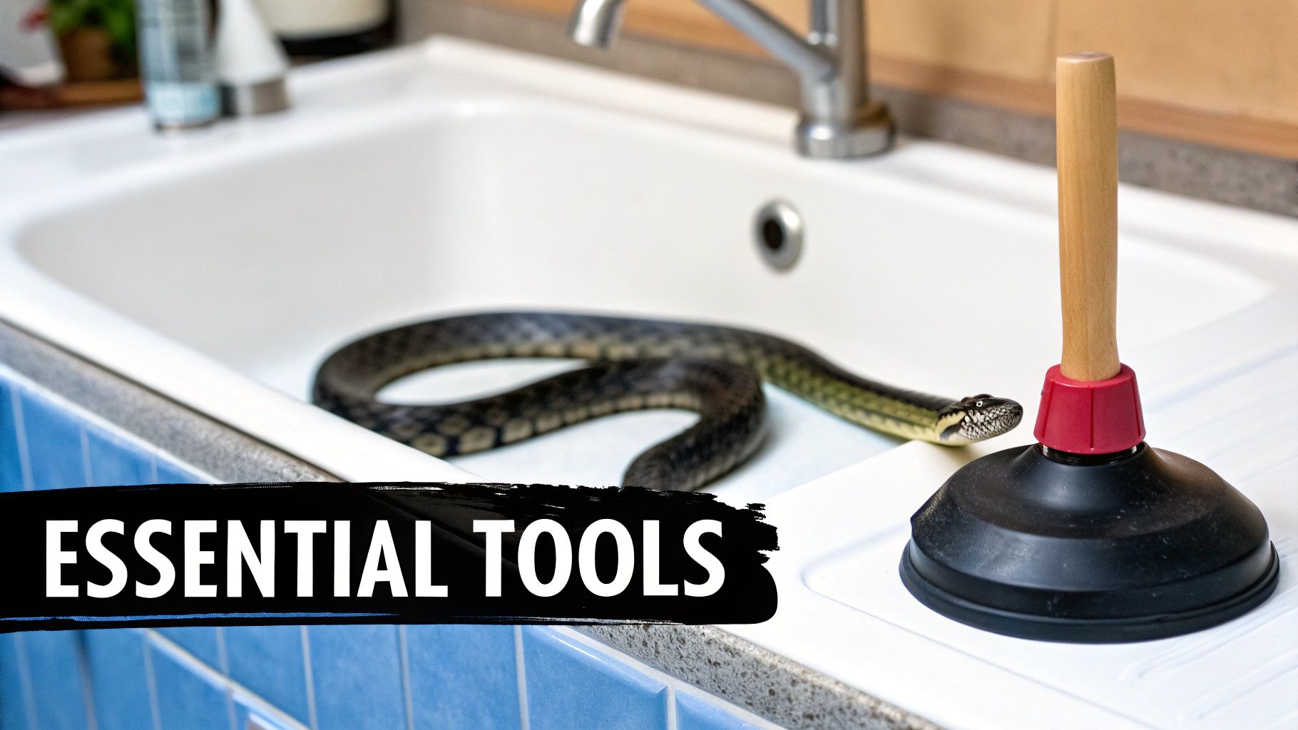 A collection of plumbing tools including a plunger and drain snake laid out neatly.