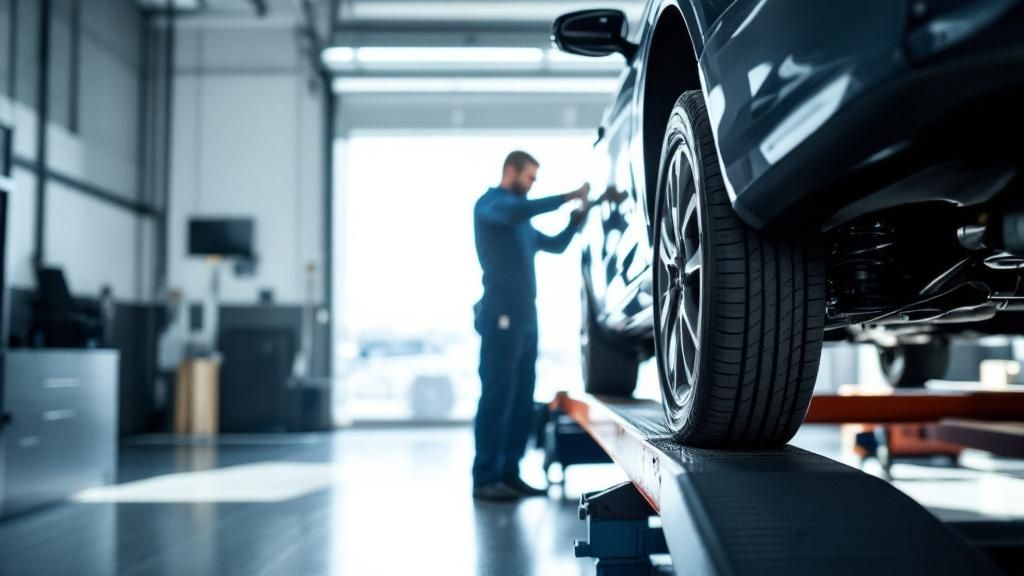 Mechanic inspecting the underside of a car lifted on a hydraulic hoist