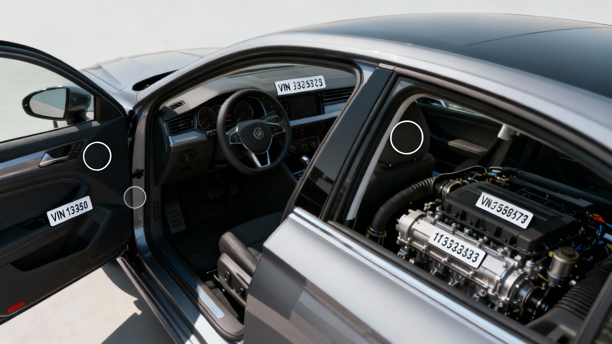 A close-up shot of a Vehicle Identification Number (VIN) plate on a car's dashboard.