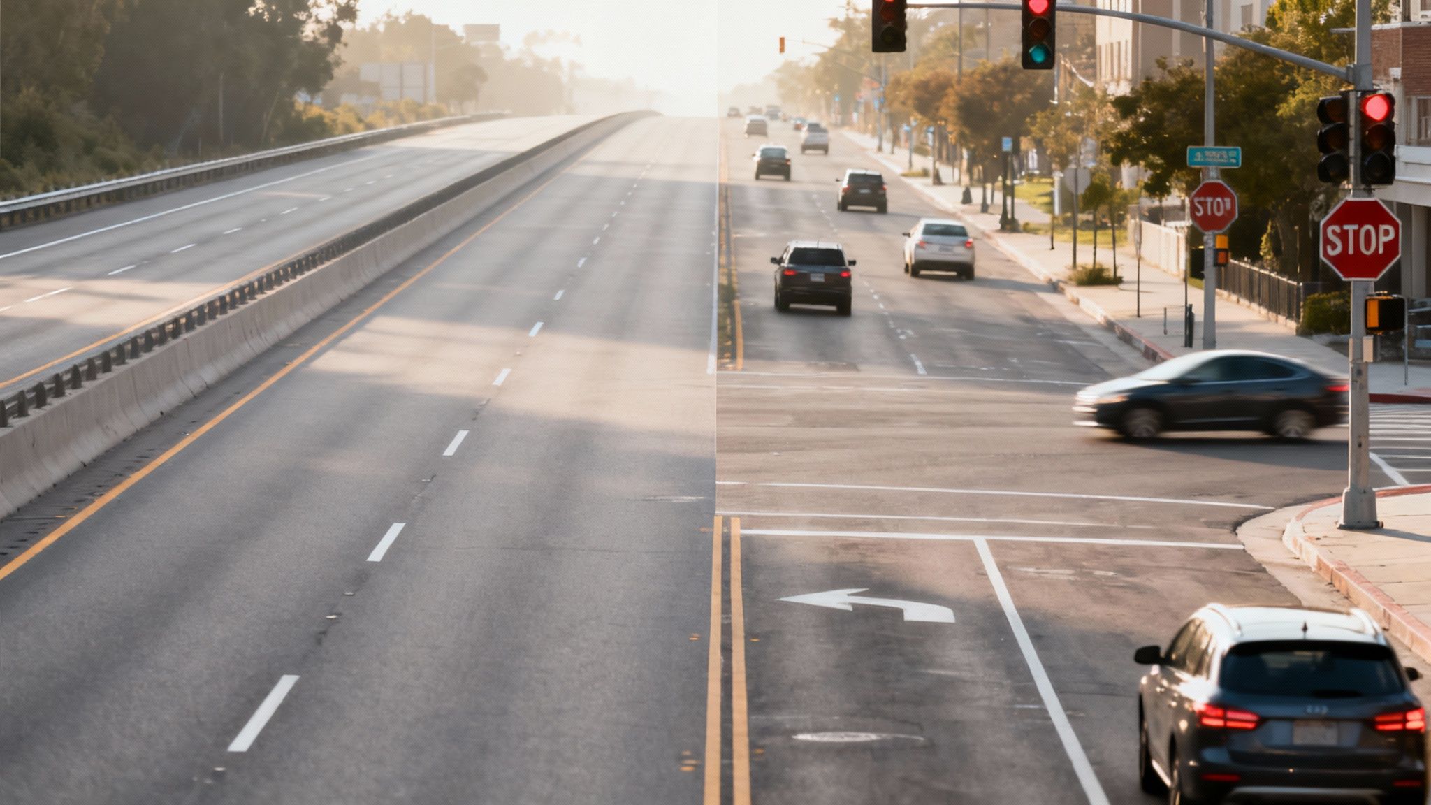 A split image showing a clear motorway on one side and congested city traffic on the other.