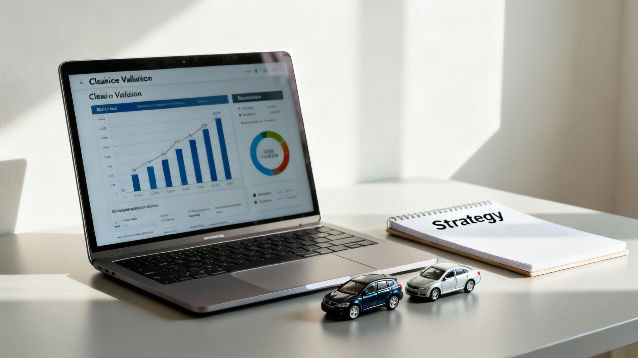 A laptop displaying car valuation charts and graphs, with two toy cars and a 'Strategy' notepad.