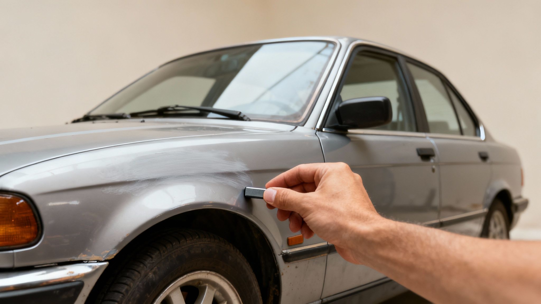 A person inspecting the exterior paint of a silver used car with a focused expression.