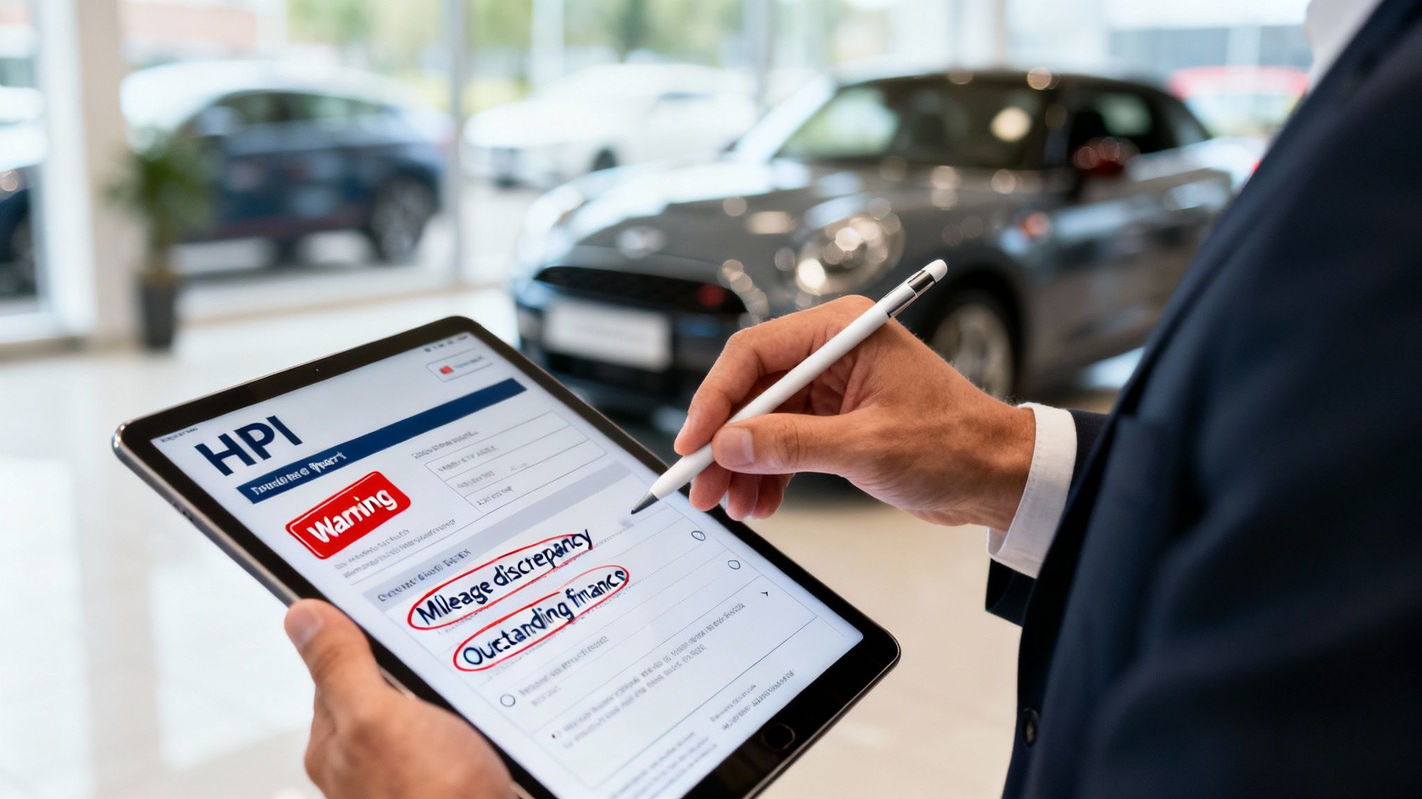 Close-up of a person checking a car HPI report on a tablet, showing mileage discrepancy and outstanding finance.