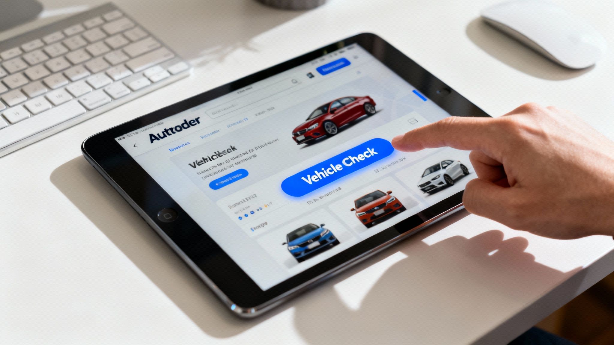 A hand holding a mobile phone displaying an Autotrader car listing