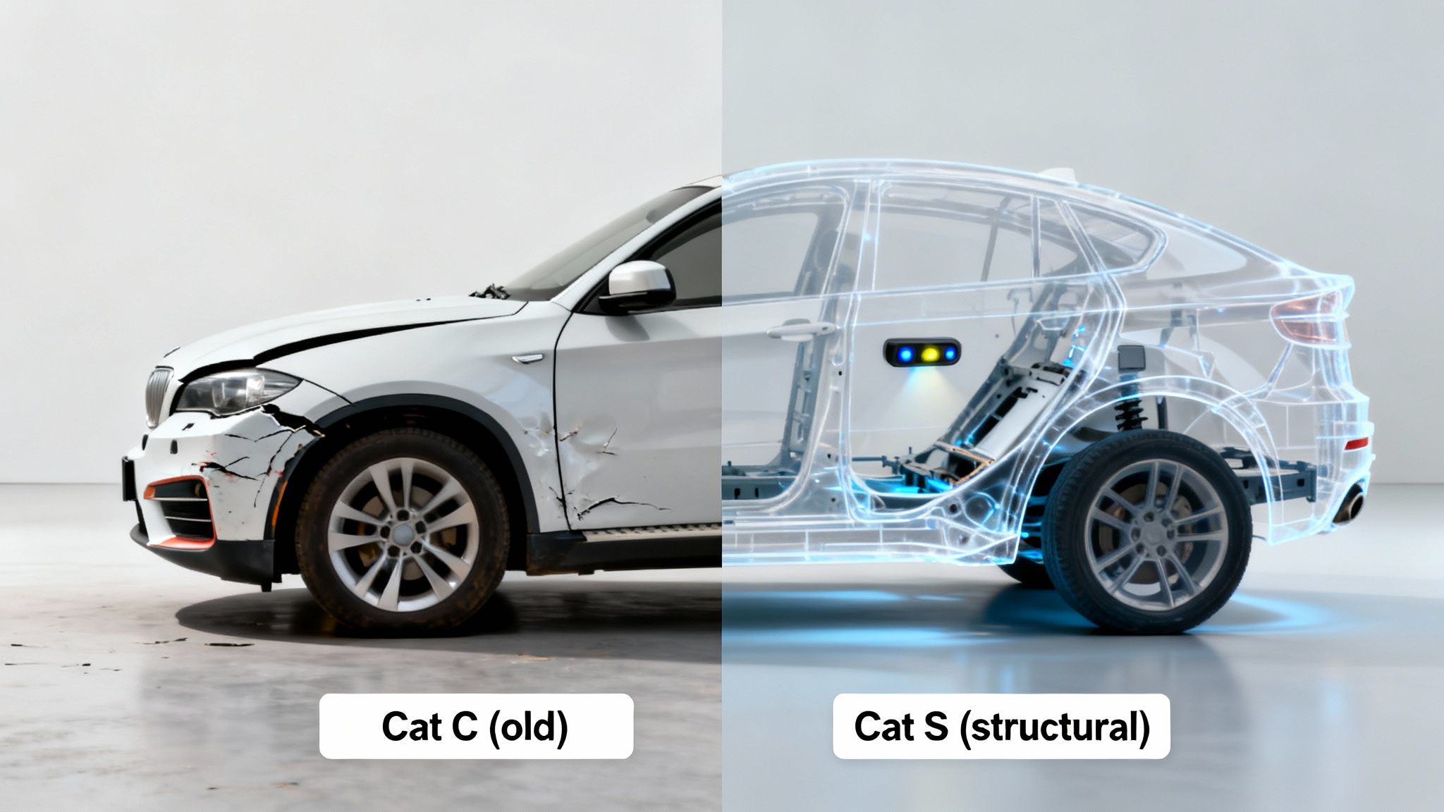 Side-by-side comparison of a crashed 'Cat C' car and a 'Cat S' structural diagram.