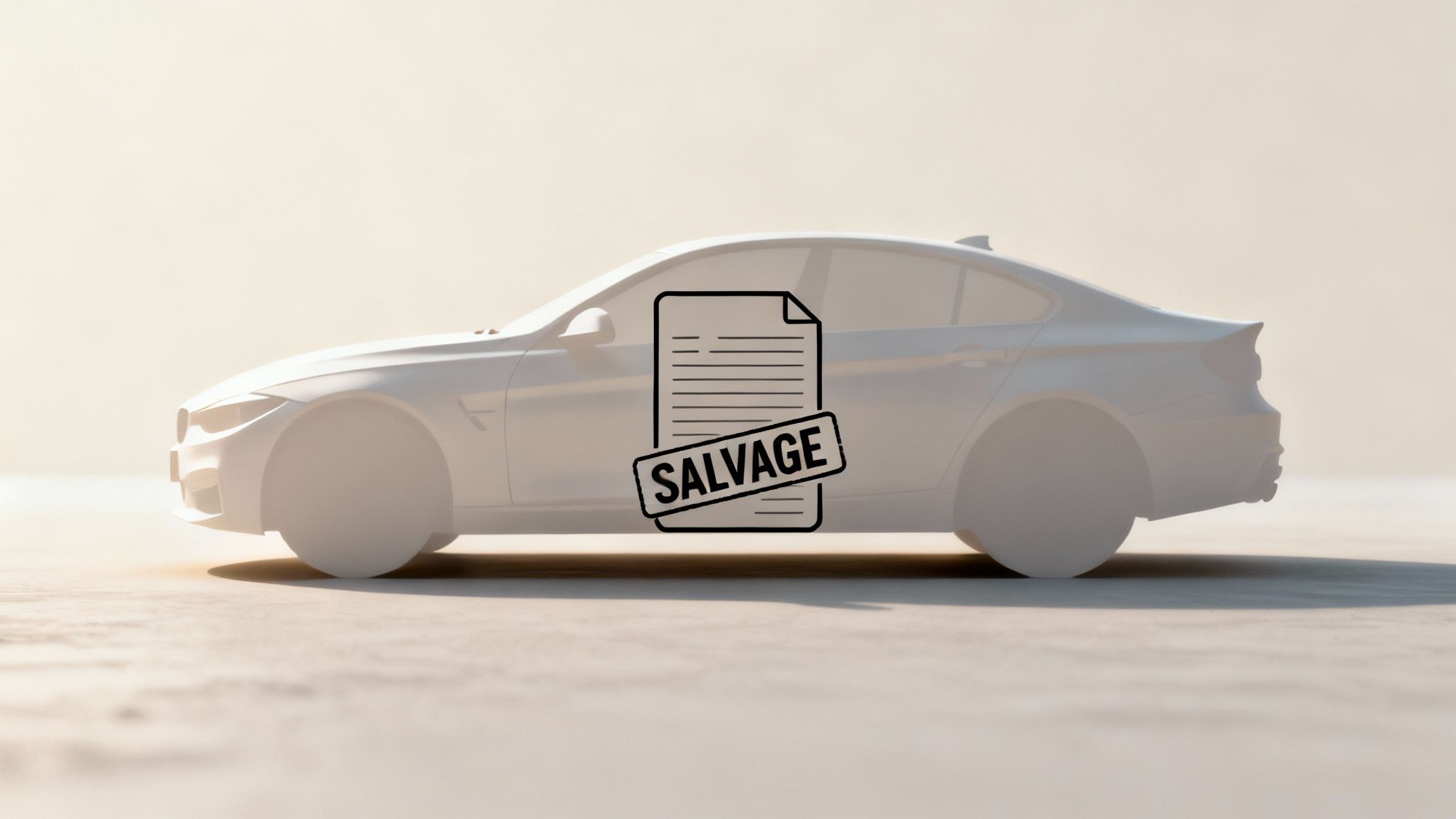 A damaged white car in a salvage yard, representing a vehicle with a salvage history.