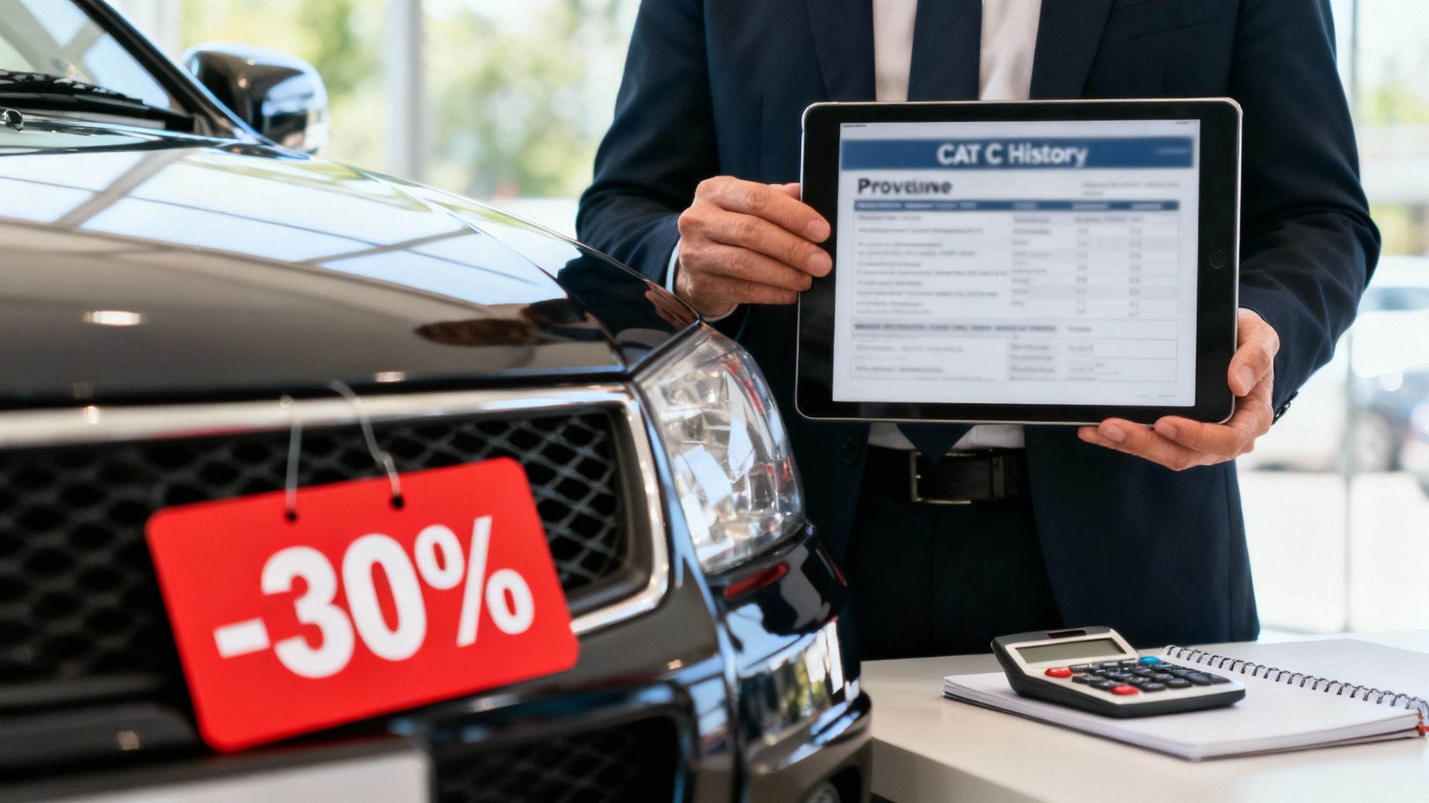 Businessman shows a tablet with 'CAT C History' next to a black car with a 30% discount tag.