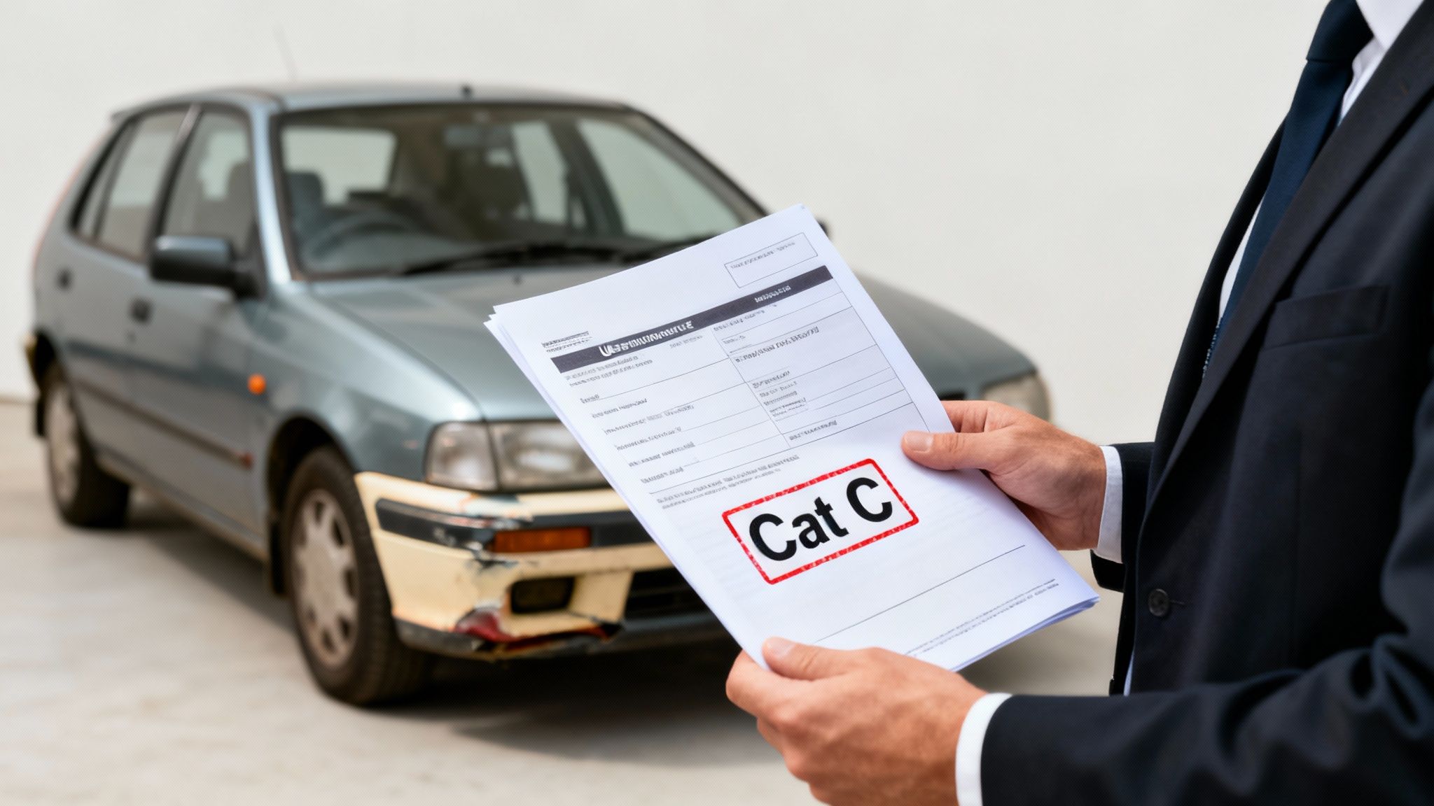 Man in suit holds 'Cat C' car insurance document in front of a damaged light blue vehicle.