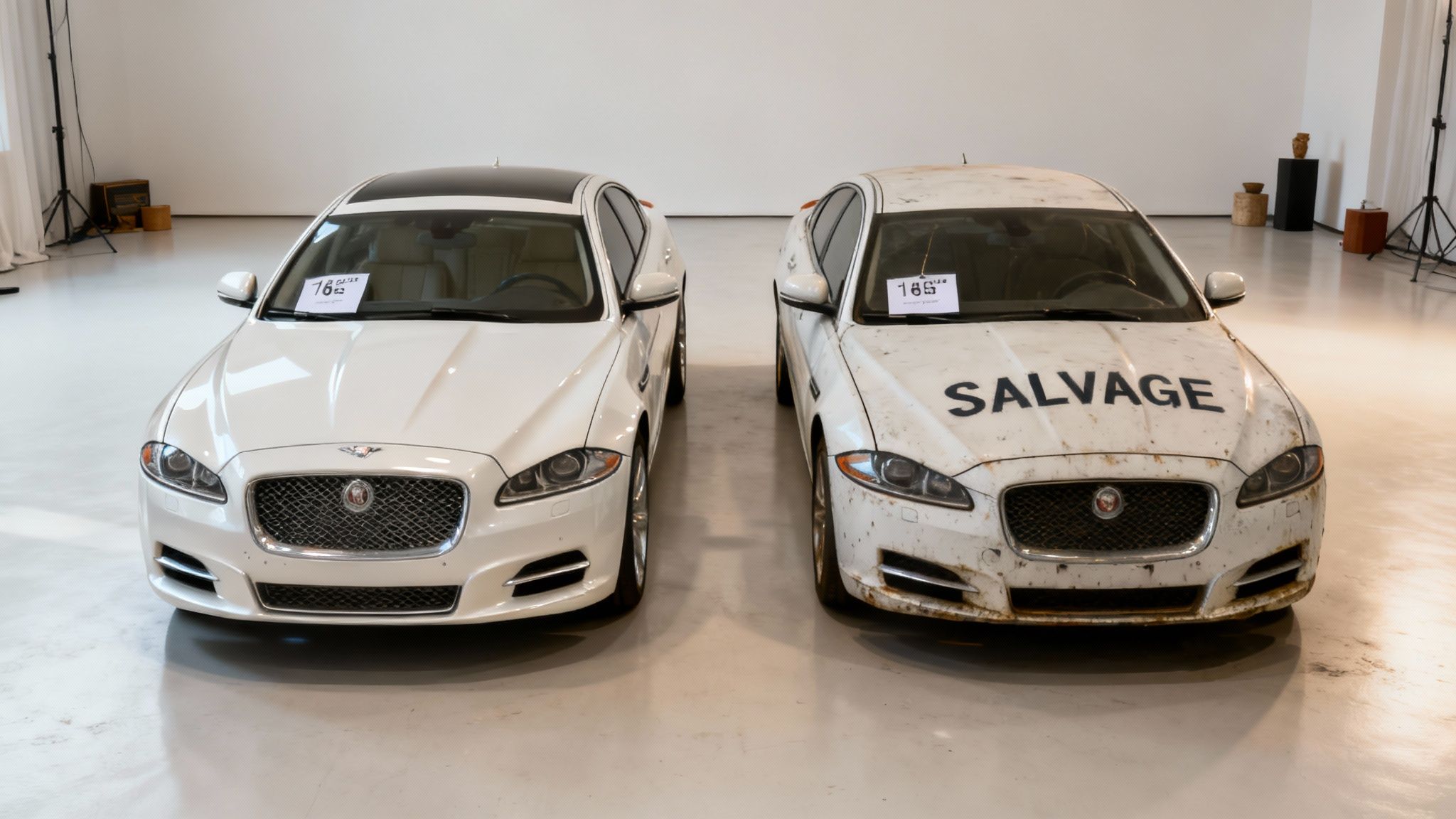A close-up of a car's price tag, with a smaller, crossed-out price in the background, illustrating depreciation.