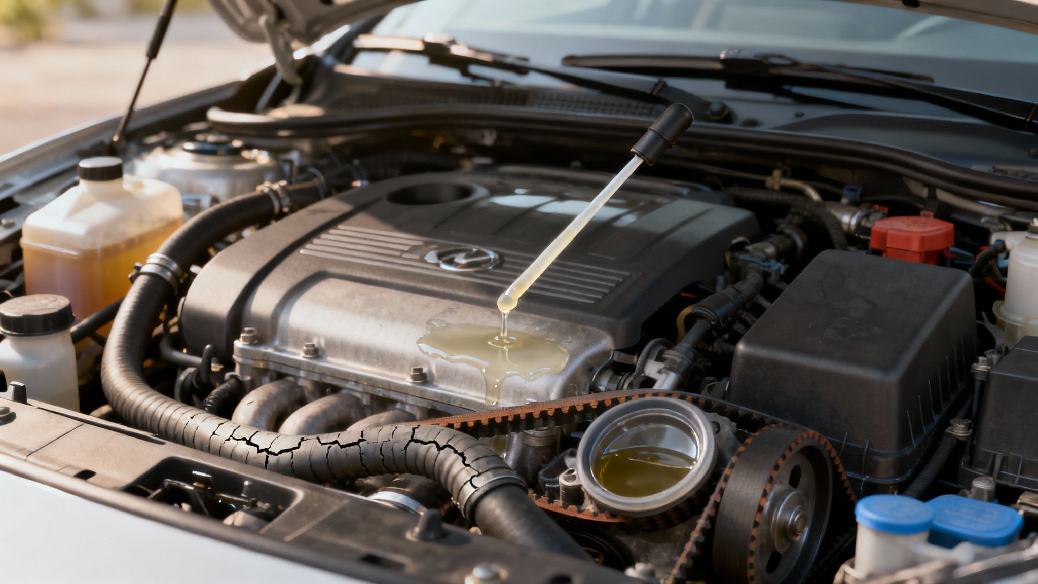 A person inspecting the engine bay of a used car.