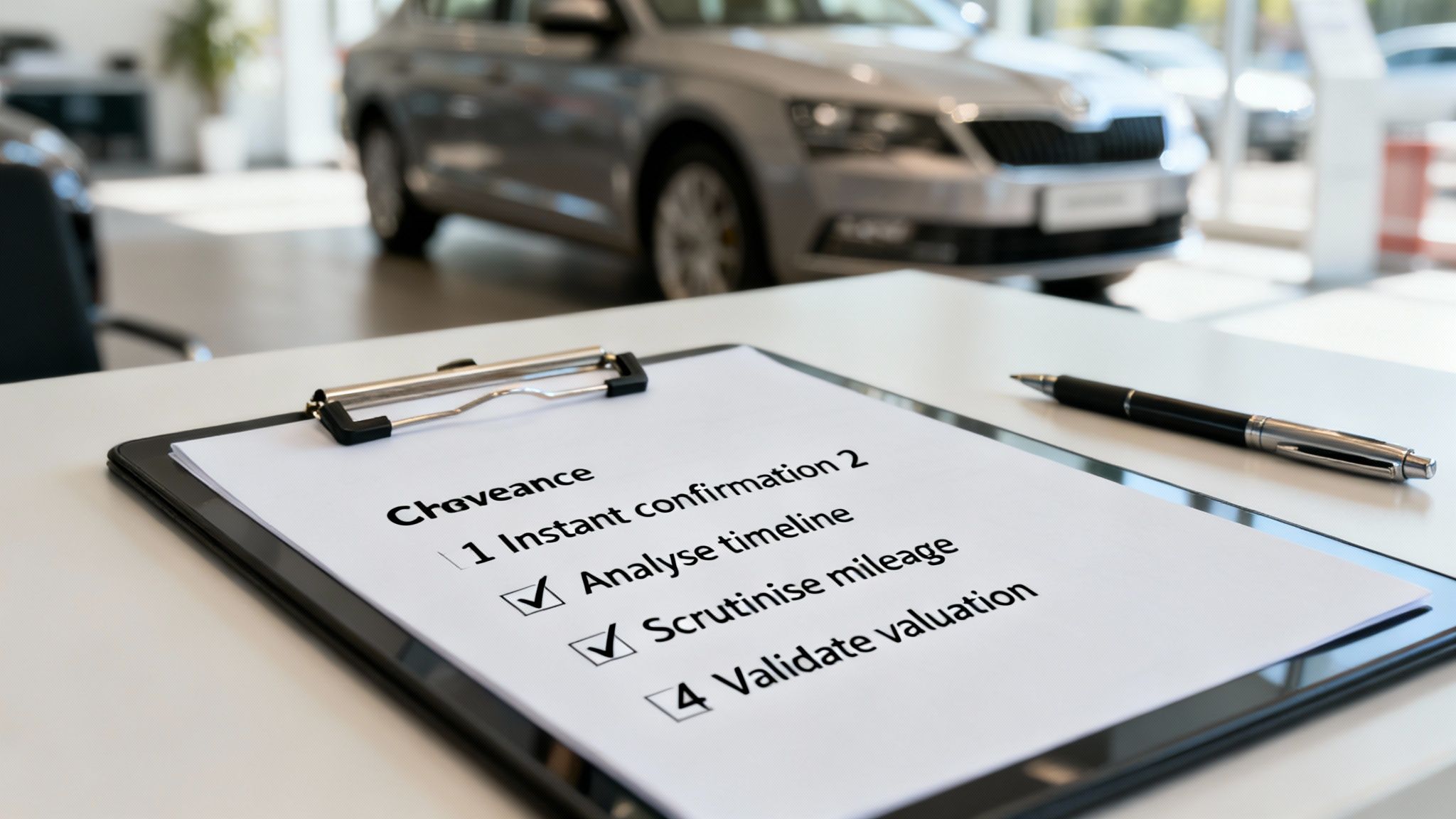 A checklist on a clipboard with items like 'Analyse timeline' and 'Scrutinise mileage' checked, in a car dealership.