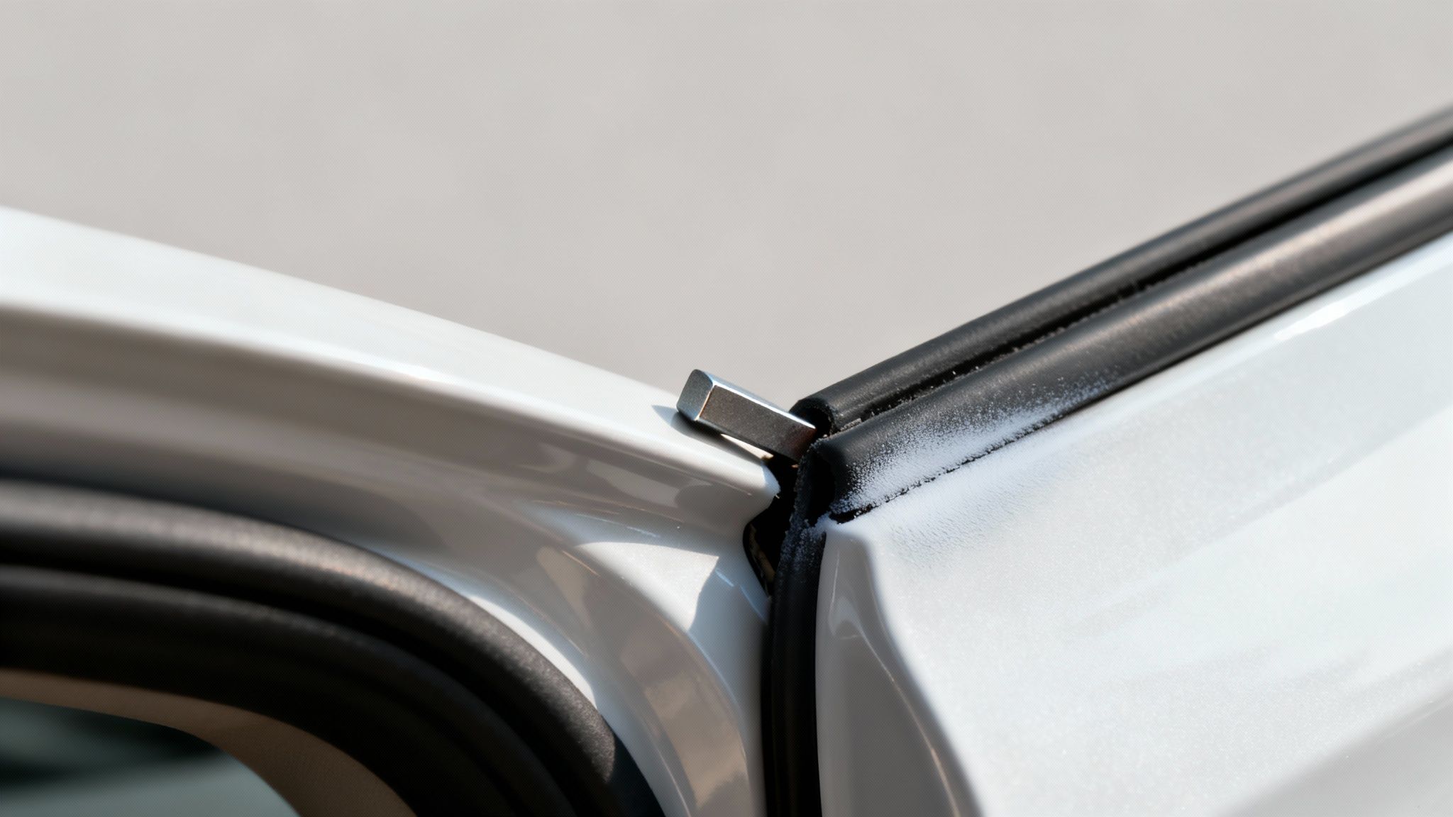 A person closely inspecting the panel gaps on a used car to check for signs of a previous crash.