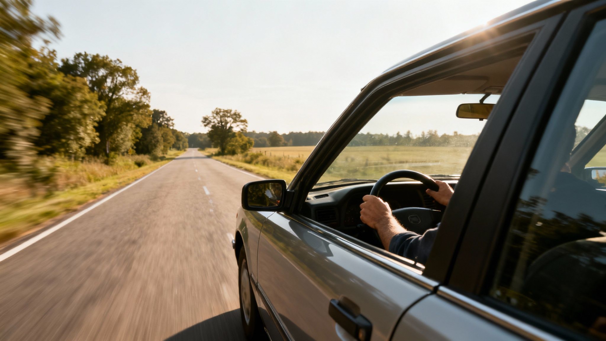 A person test driving a used car on a sunny day.