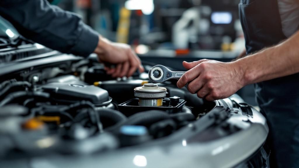 A mechanic wearing blue gloves inspects the front wheel and brake of a car in a garage