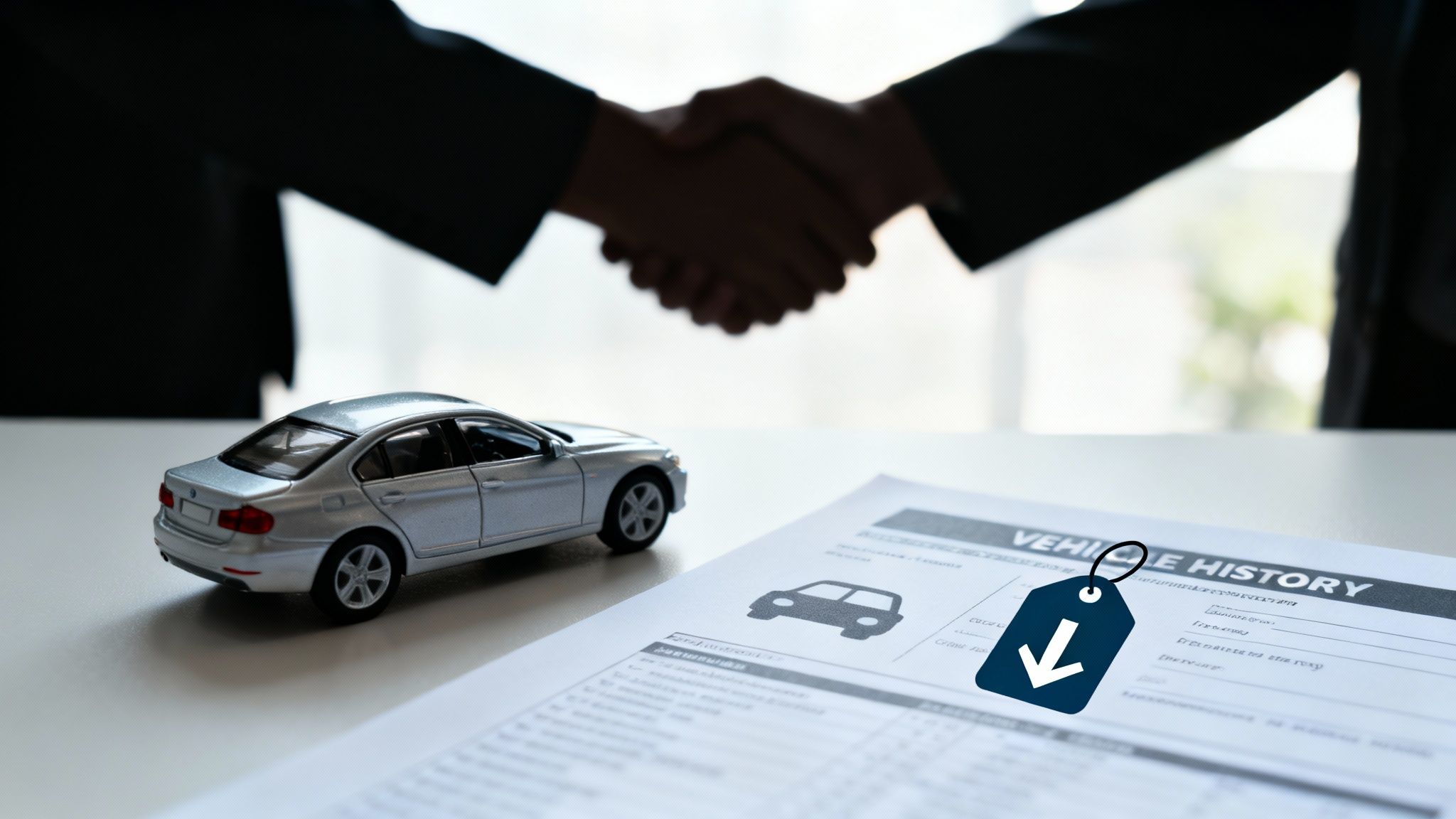 A person pointing at details on a car's paperwork during a discussion with the seller