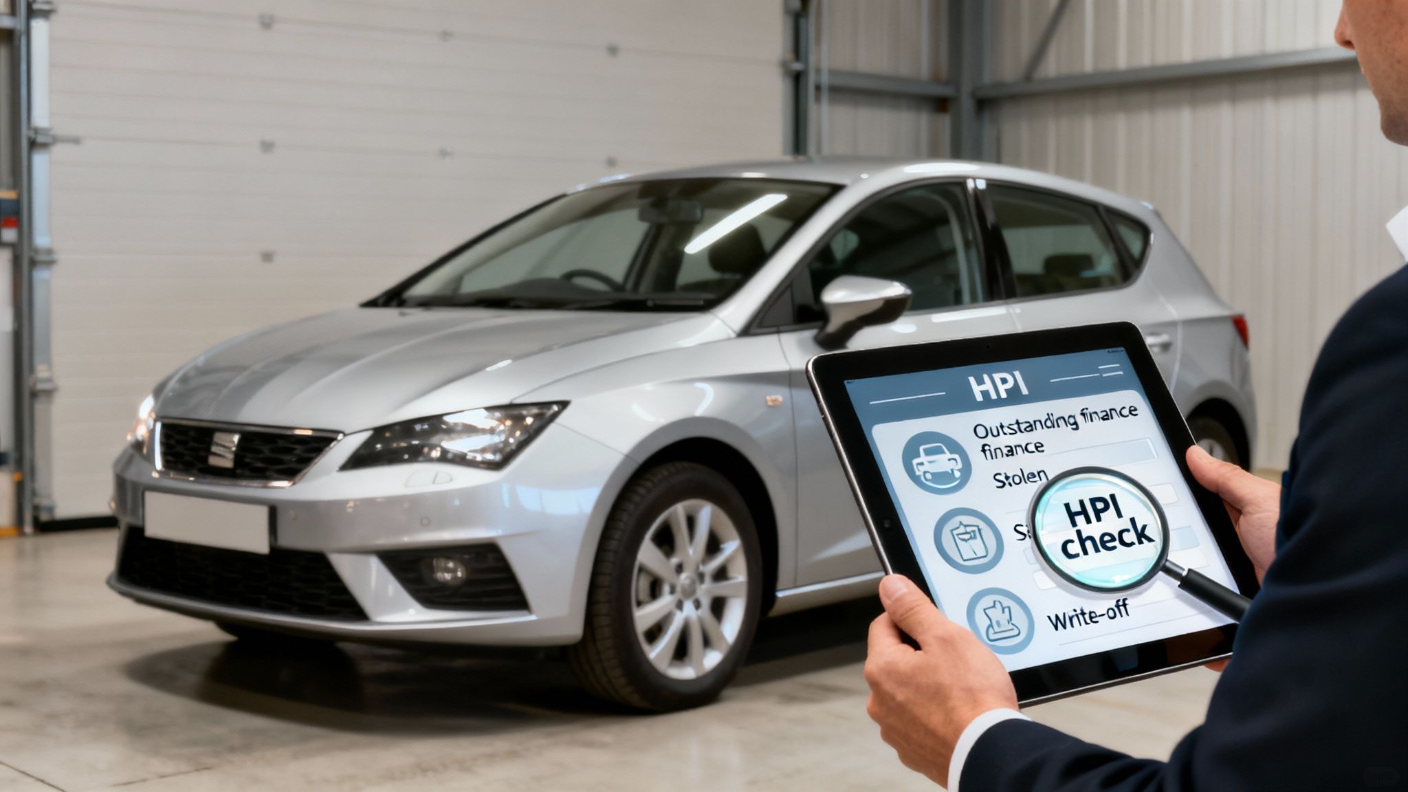A person uses a tablet to perform an HPI check on a silver car in a garage.