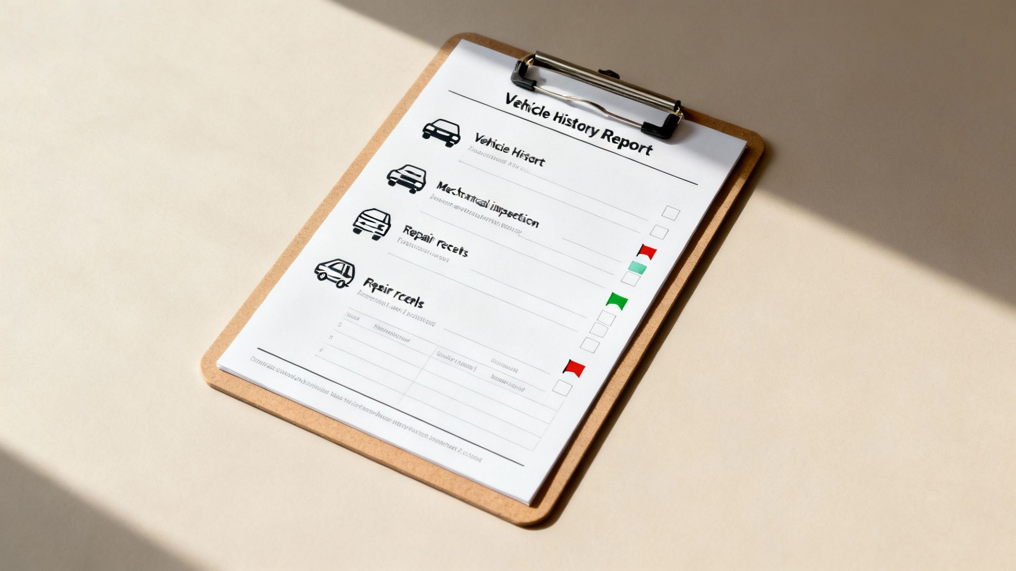 A mechanic using a clipboard to inspect a car, signifying a thorough due diligence process.