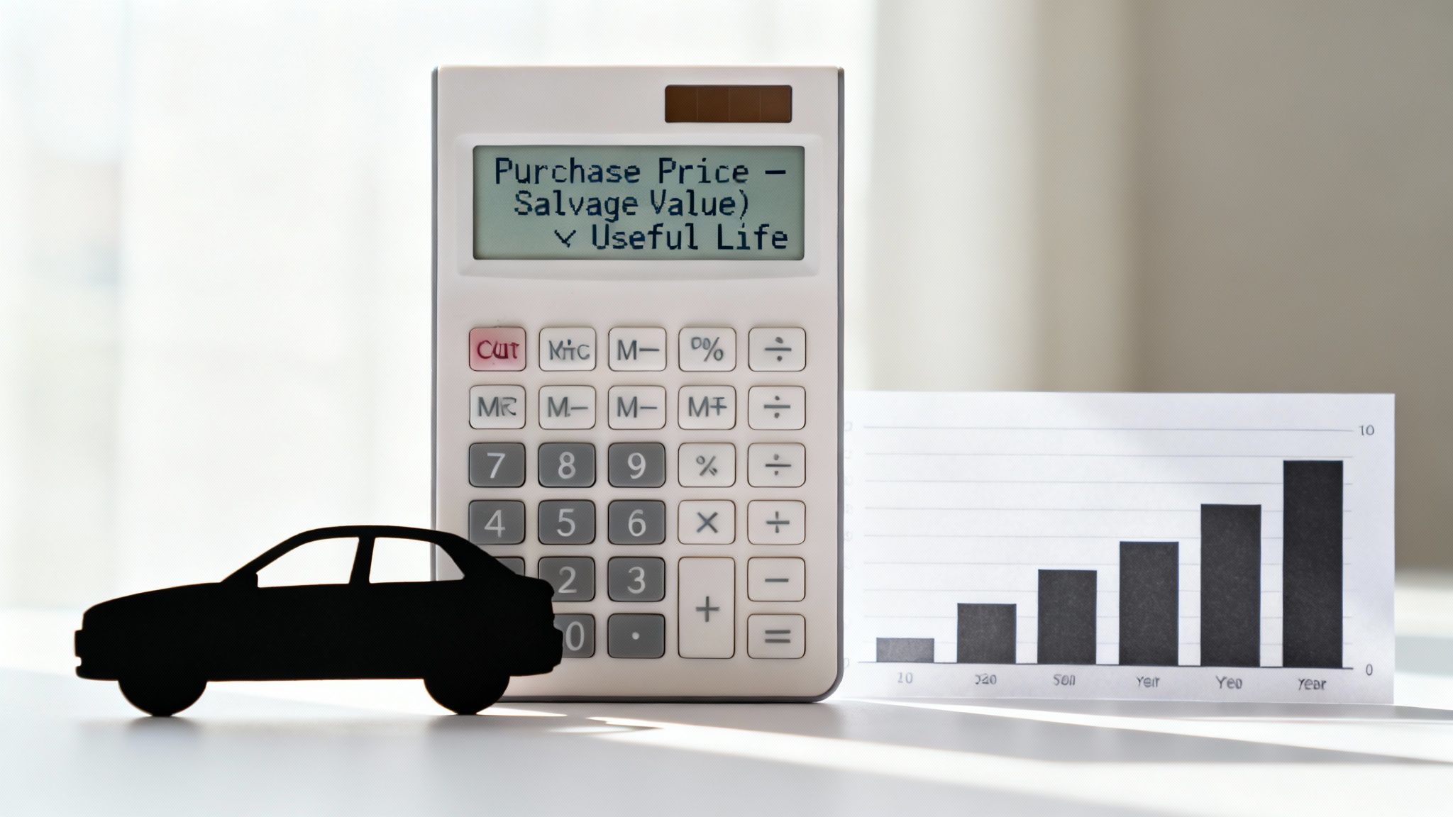 A person using a calculator with car keys and a model car on a desk.