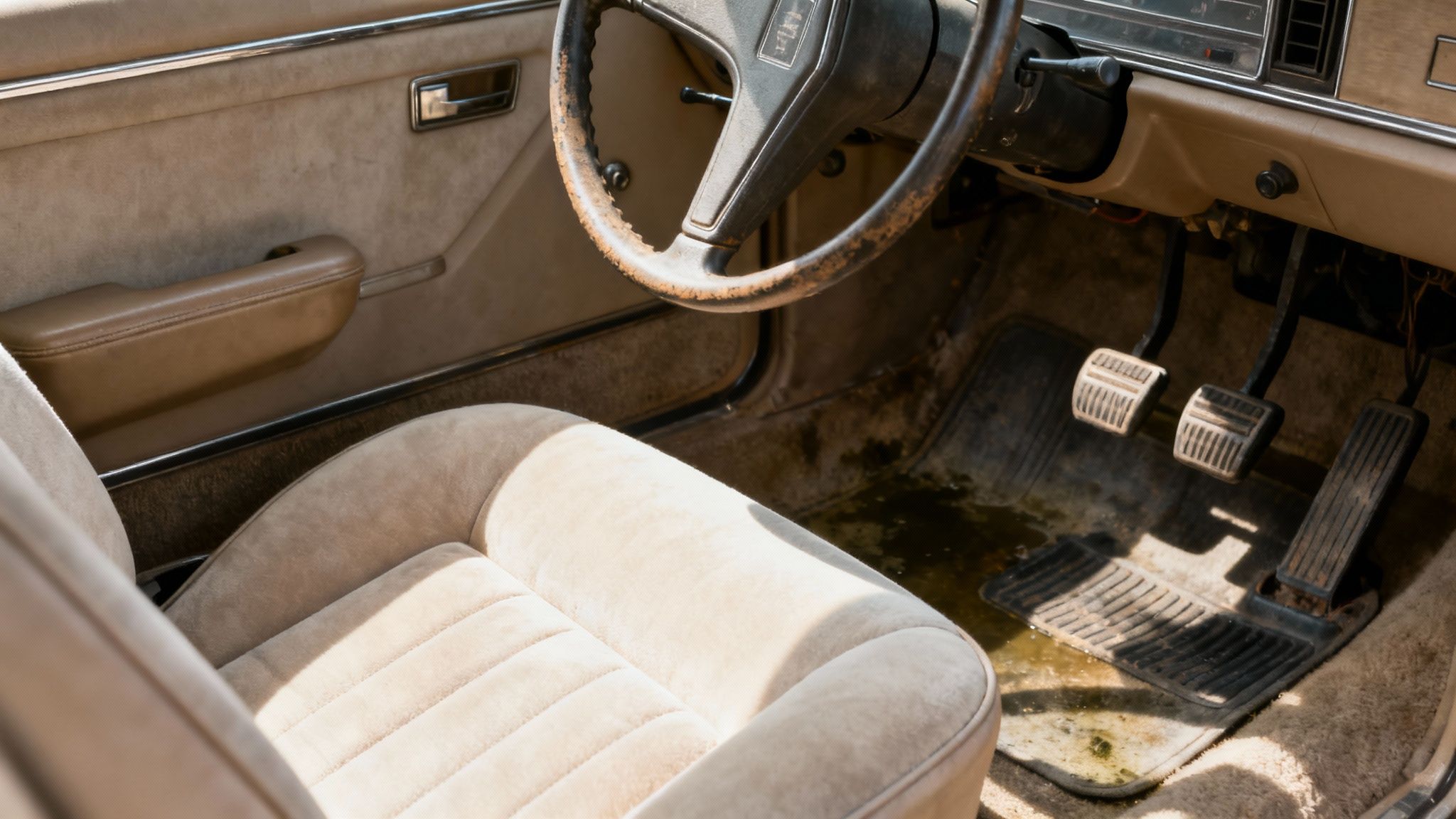 A person inspecting the interior of a used car, focusing on the driver's seat and dashboard.