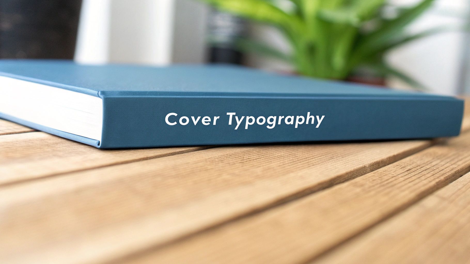 A blue book with 'Cover Typography' printed on its spine, resting on a wooden surface.