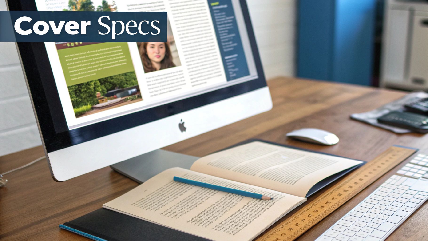 A modern workspace with an iMac displaying content, an open book with a pencil, and a keyboard on a wooden desk.