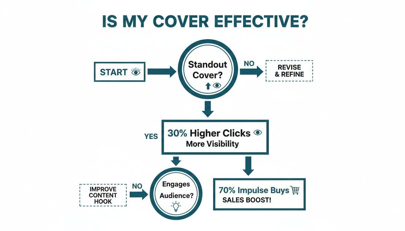 Flowchart illustrating steps to evaluate book cover effectiveness for higher clicks and sales.