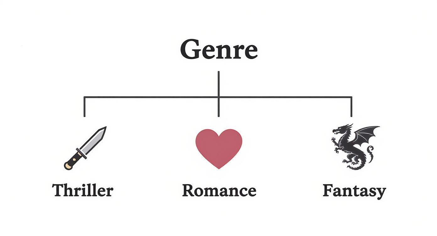 A diagram illustrating different book genres: Thriller (knife icon), Romance (heart icon), and Fantasy (dragon icon).