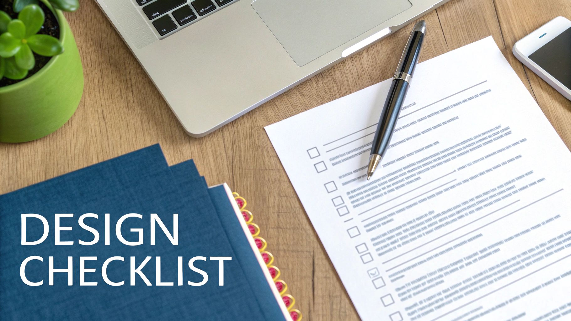 Flat lay of a professional desk setup with a laptop, pen, checklist document, and notebooks labeled 'DESIGN CHECKLIST'.