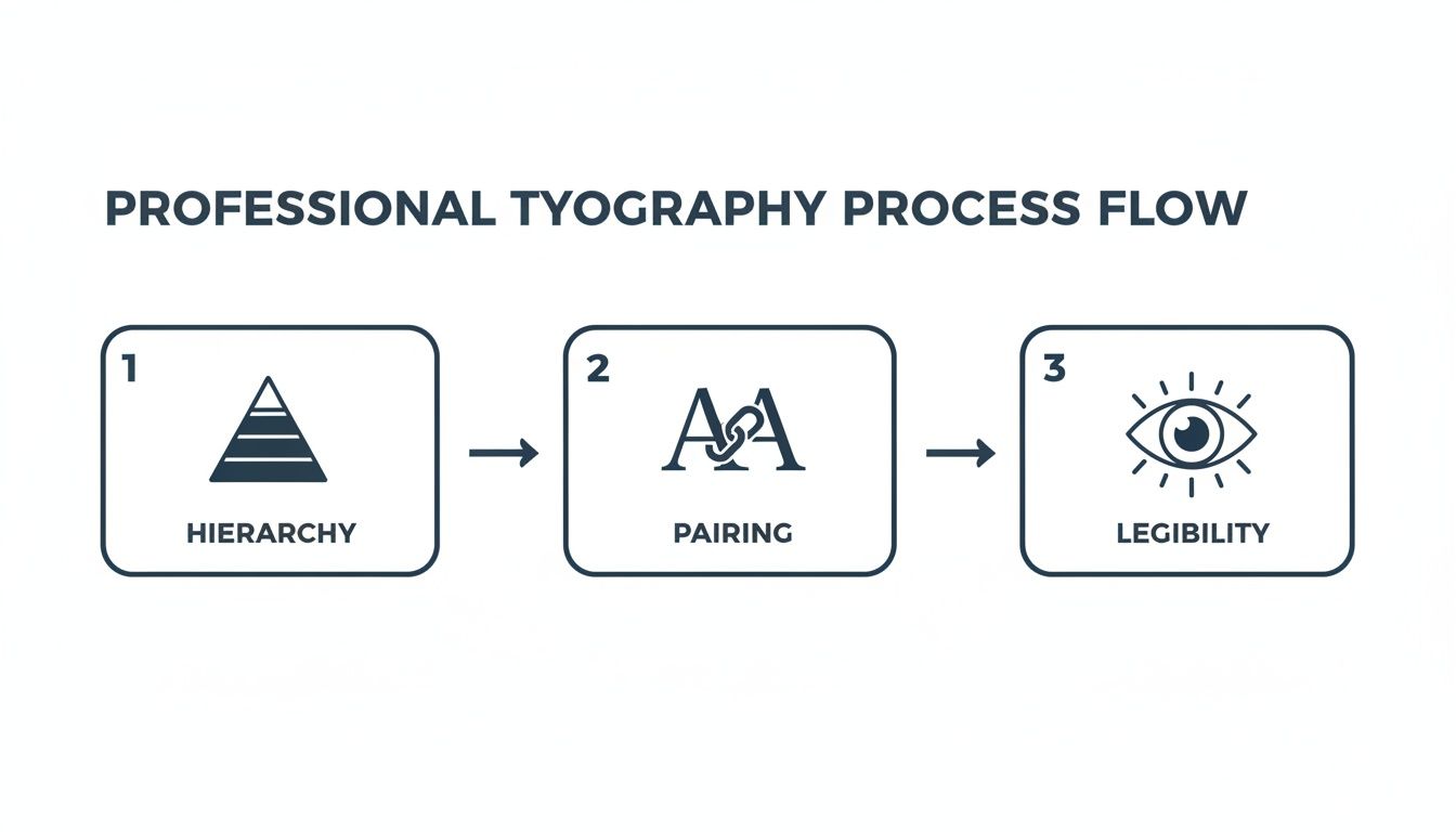 Flowchart illustrating the professional typography process, covering hierarchy, font pairing, and legibility.