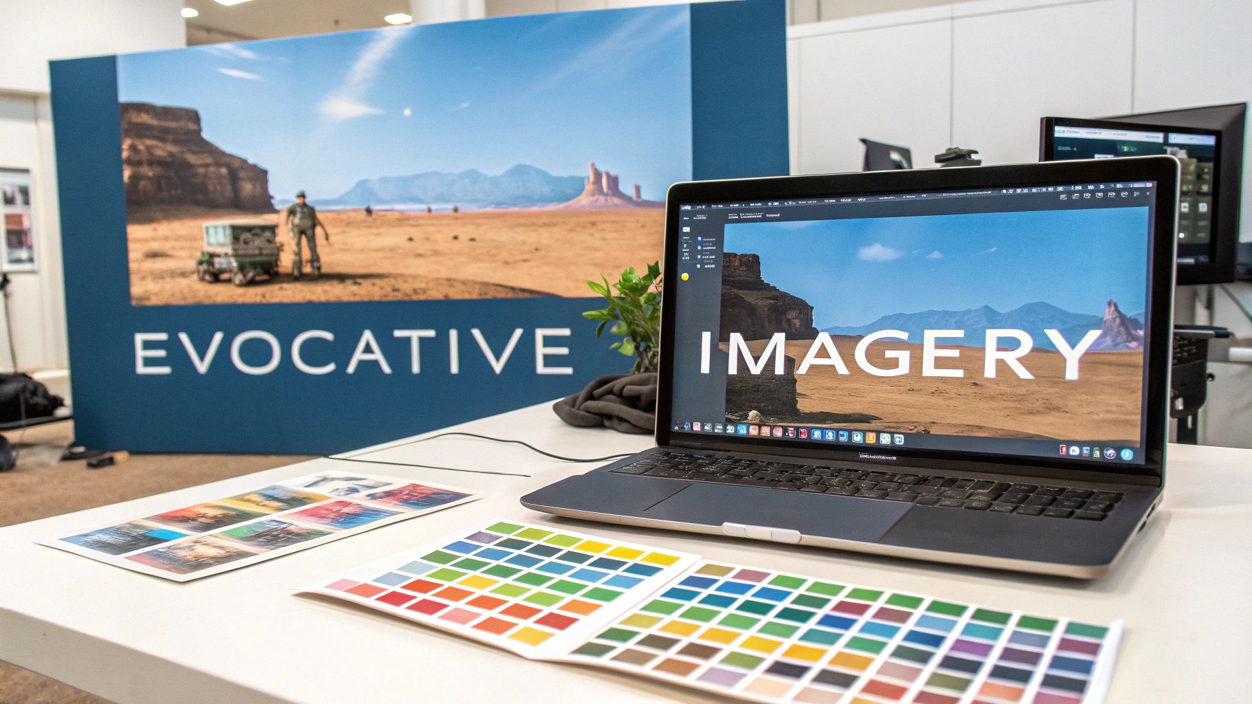 A design workspace featuring a laptop, large display with desert imagery, color swatches, and prints.