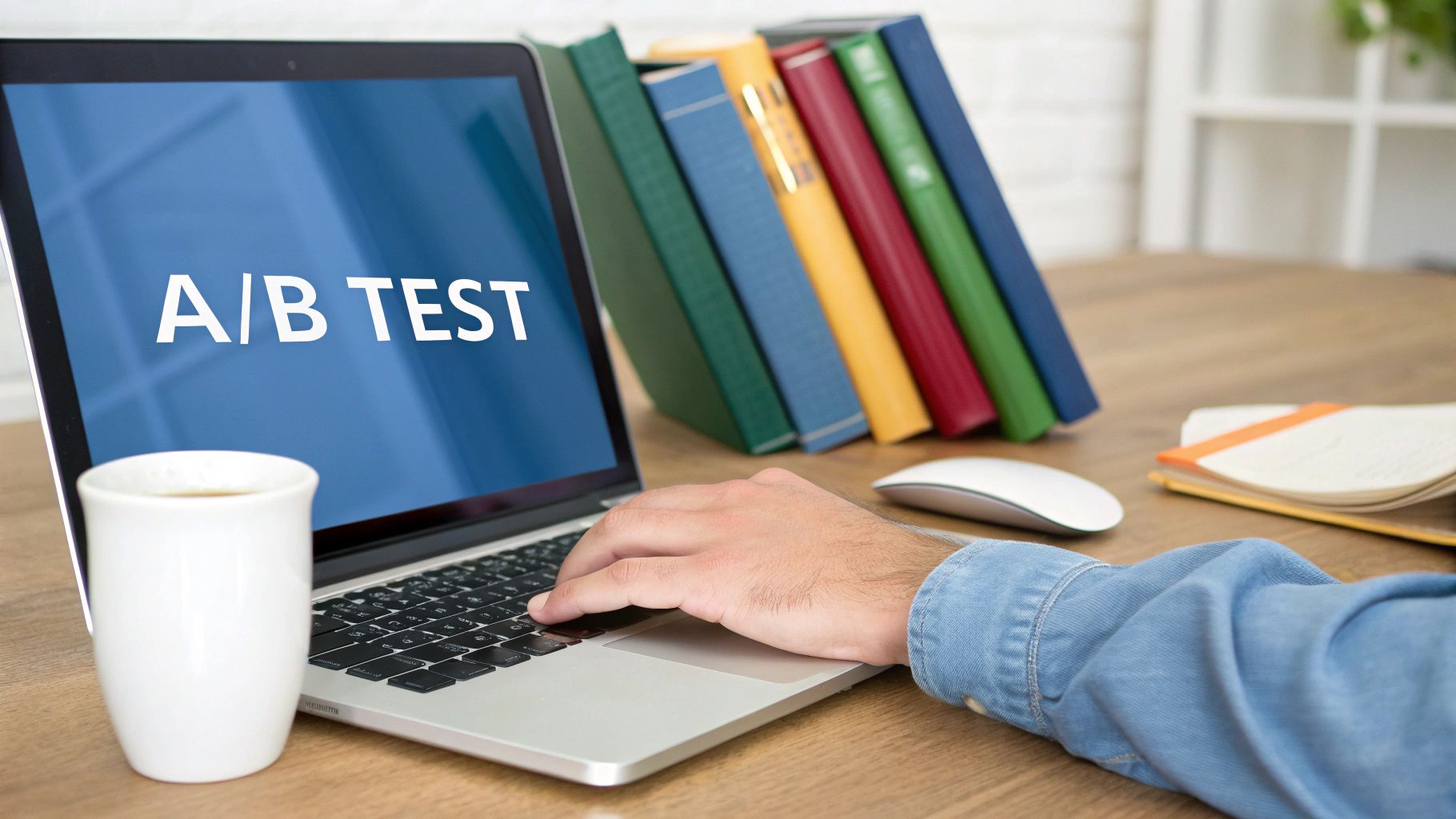 A person's hands type on a laptop displaying 'A/B TEST', with books and coffee on a wooden desk.