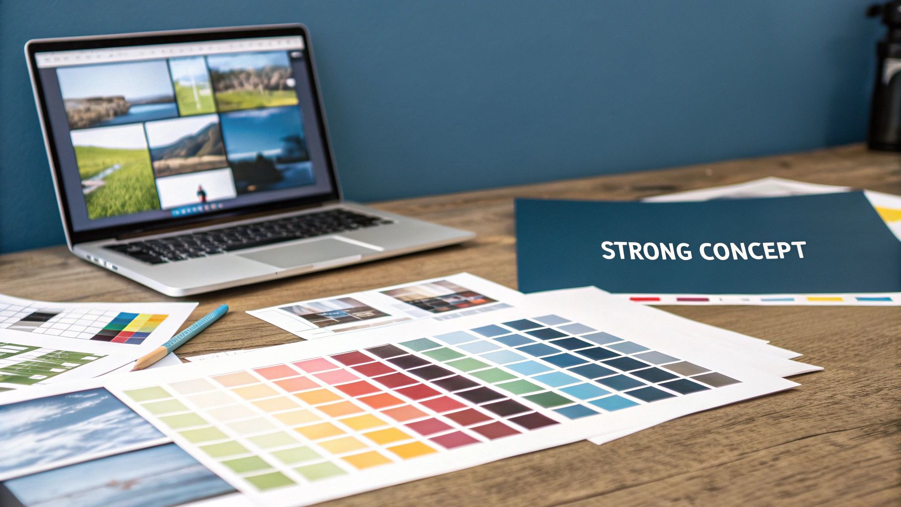 A design project in progress with a laptop displaying images, color swatches, and a 'STRONG CONCEPT' folder.