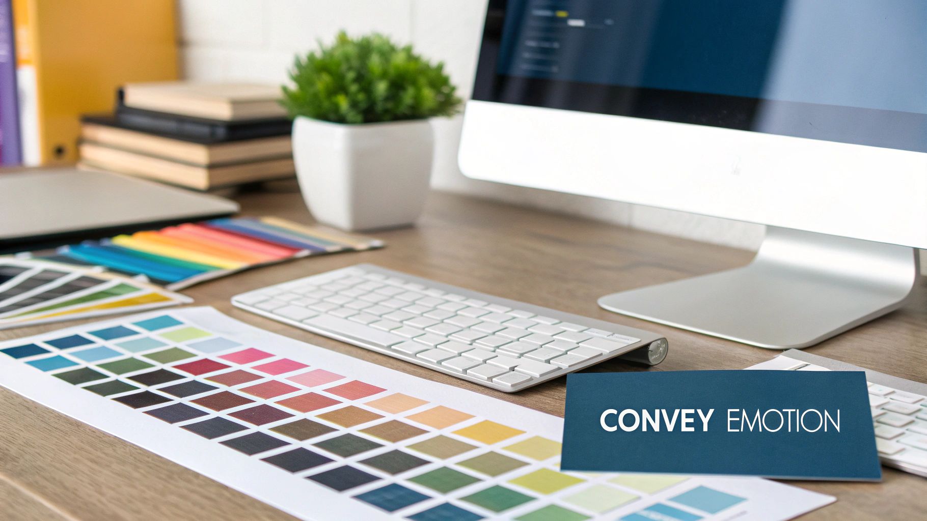 A graphic design workspace with a computer, keyboard, color palettes, and a 'Convey Emotion' card.