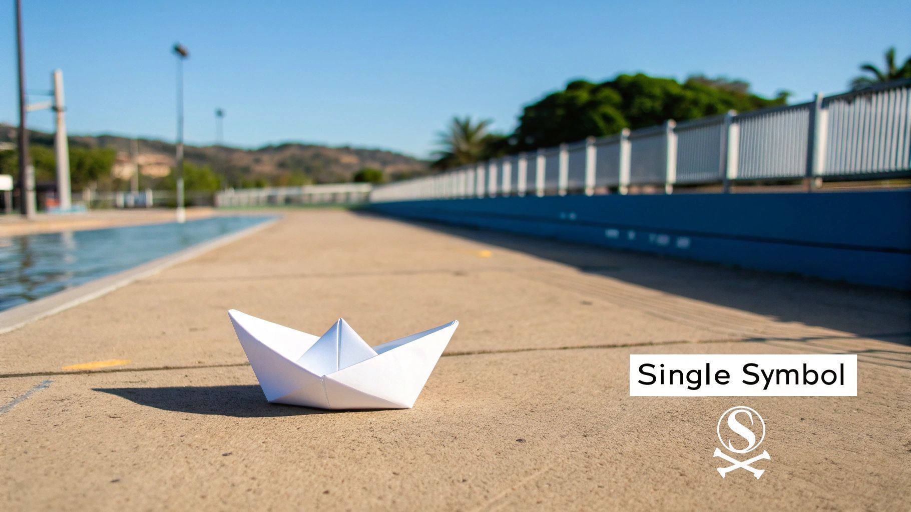 A white paper boat rests on concrete ground beside a pool under a clear blue sky.