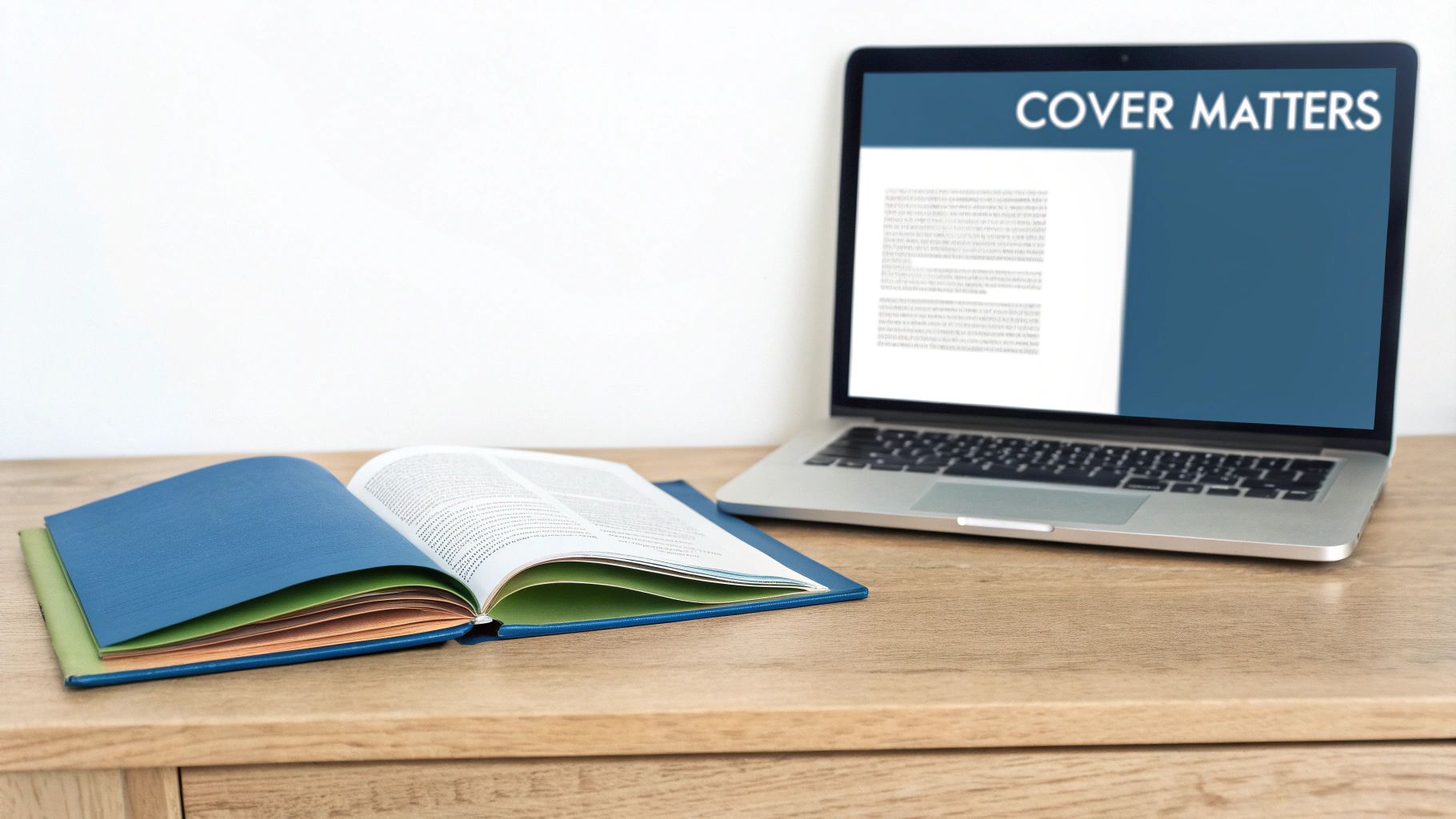 An open book with colorful pages next to a laptop displaying 'COVER MATTERS' on a wooden desk.