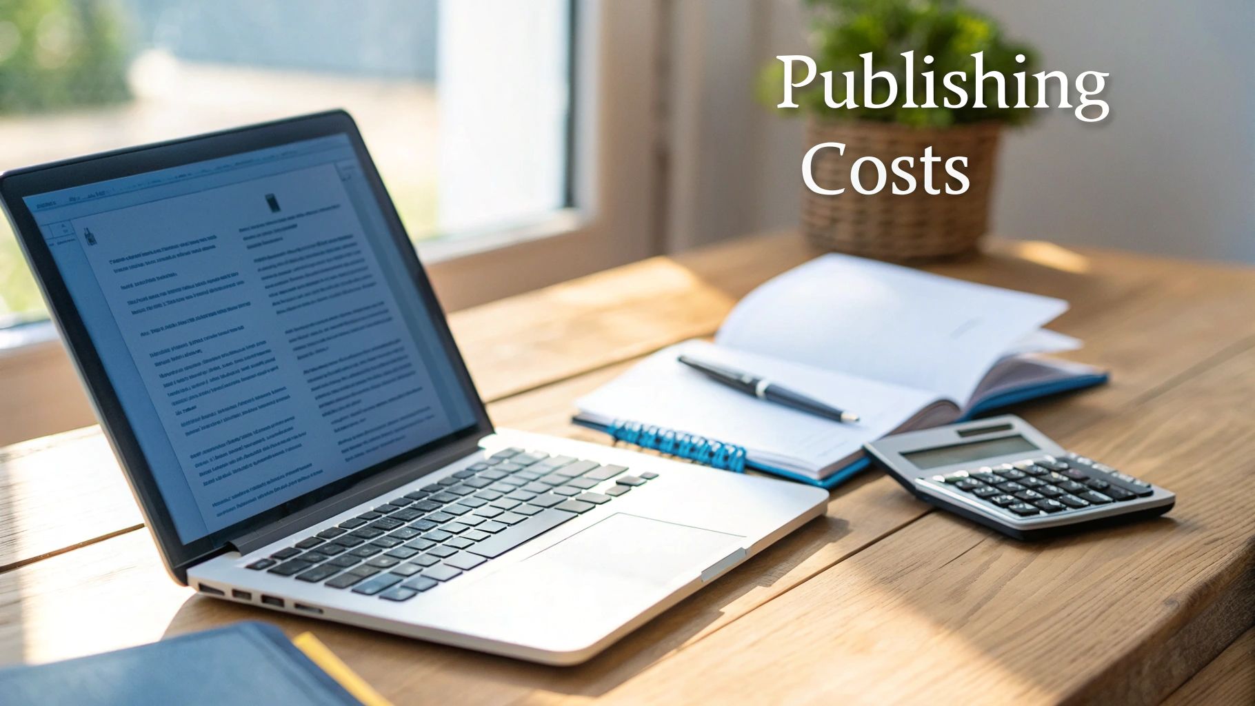 A laptop, notebook, pen, and calculator on a wooden desk, with 'Publishing Costs' text.