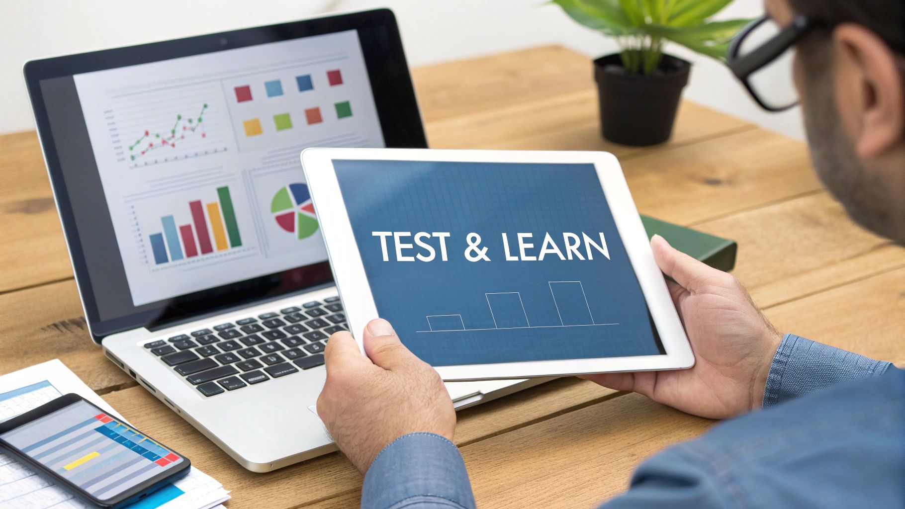 A person holds a tablet with 'TEST & LEARN' text, with a laptop showing data charts in the background.