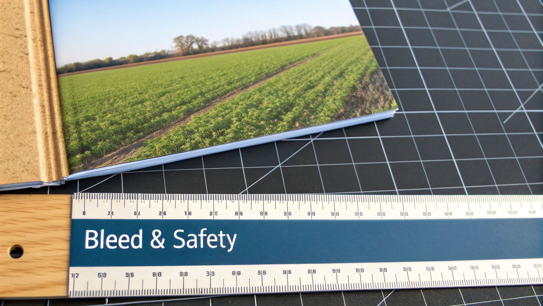Close-up of an open book featuring a green field, a ruler marked 'Bleed & Safety', on a cutting mat.