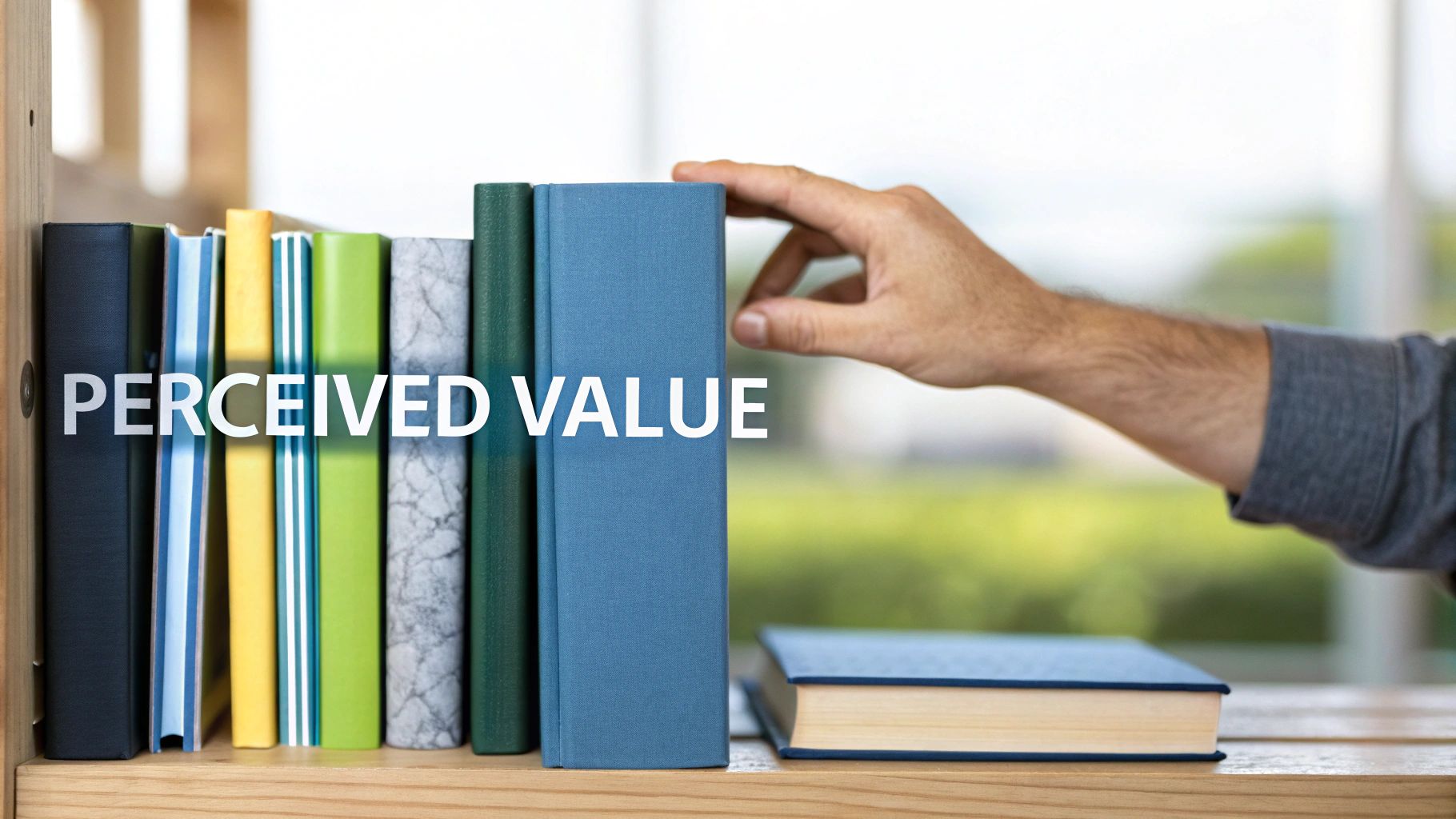 A hand reaches for a blue book on a wooden bookshelf with various colorful books, with 'PERCEIVED VALUE' text overlay.
