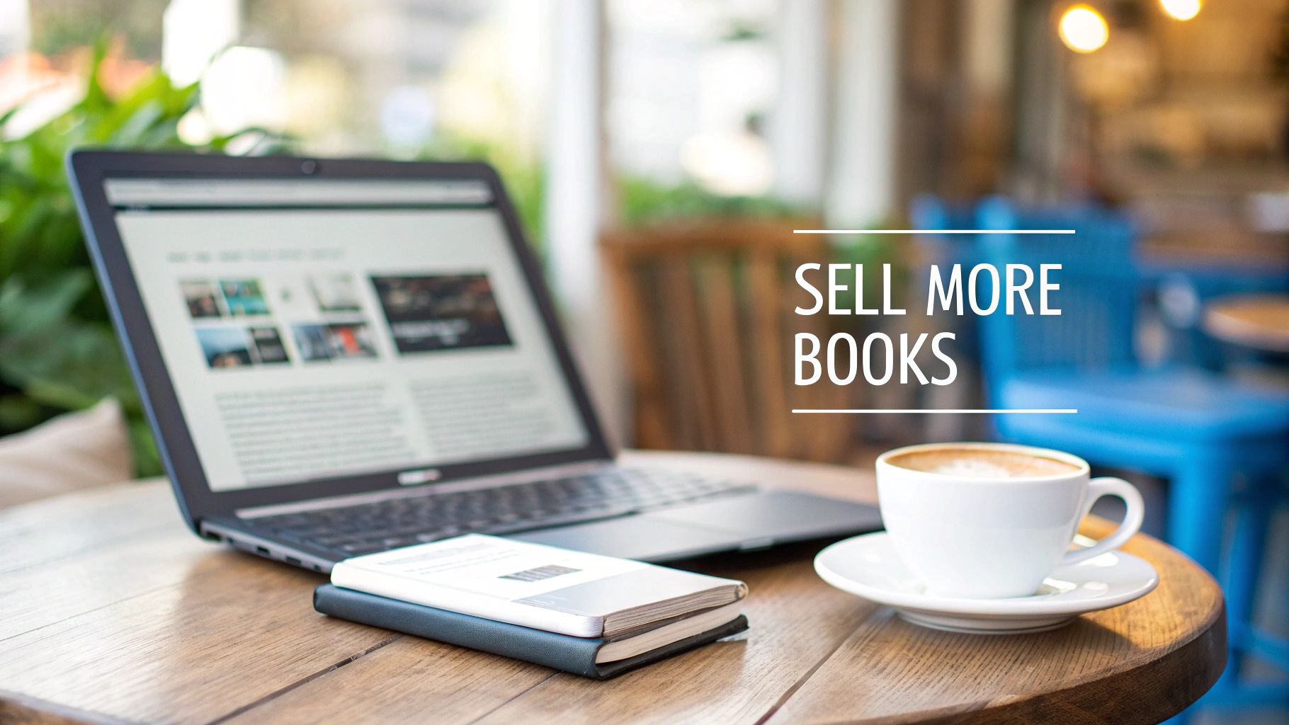A laptop showing a website, two books, and a coffee cup on a wooden table in a cafe.