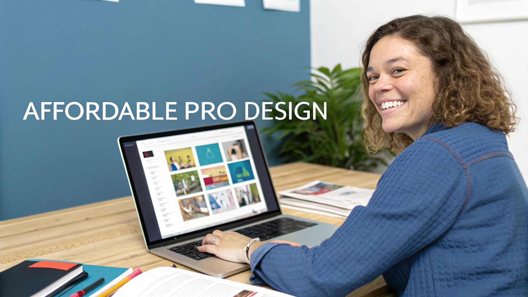 A smiling woman works on a laptop displaying design elements, with 'AFFORDABLE PRO DESIGN' text.