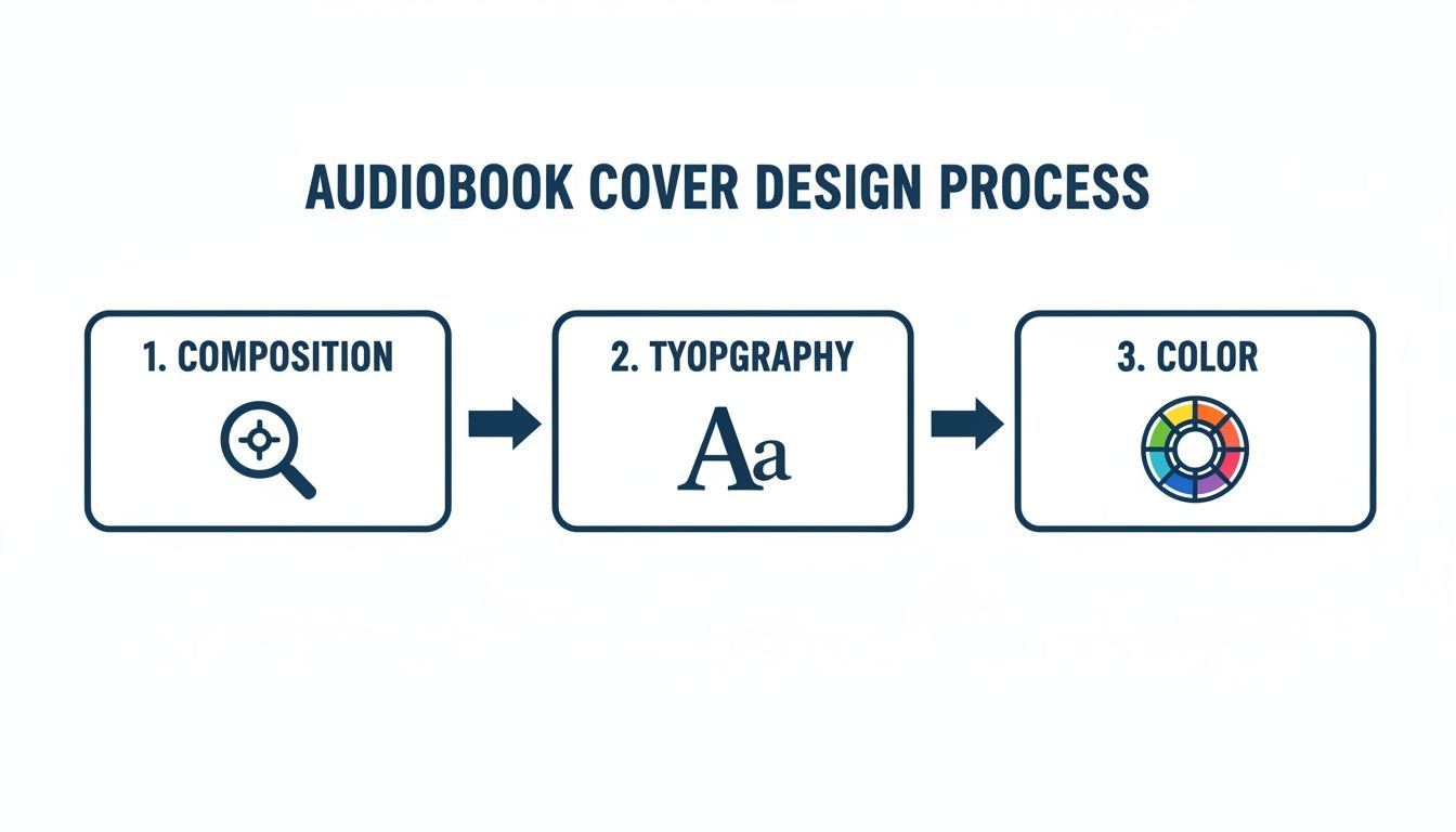 A flowchart illustrating the audiobook cover design process with steps for composition, typography, and color.