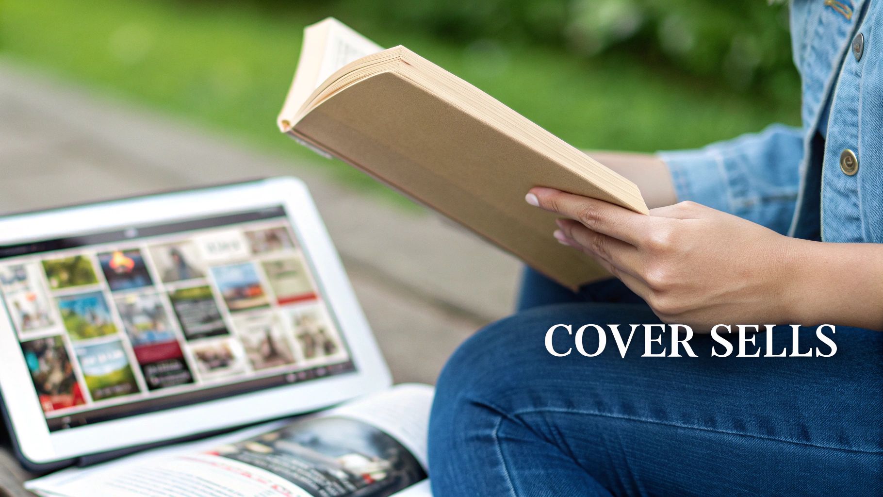 A person reads a physical book outdoors, with a tablet displaying multiple book covers and another open book.